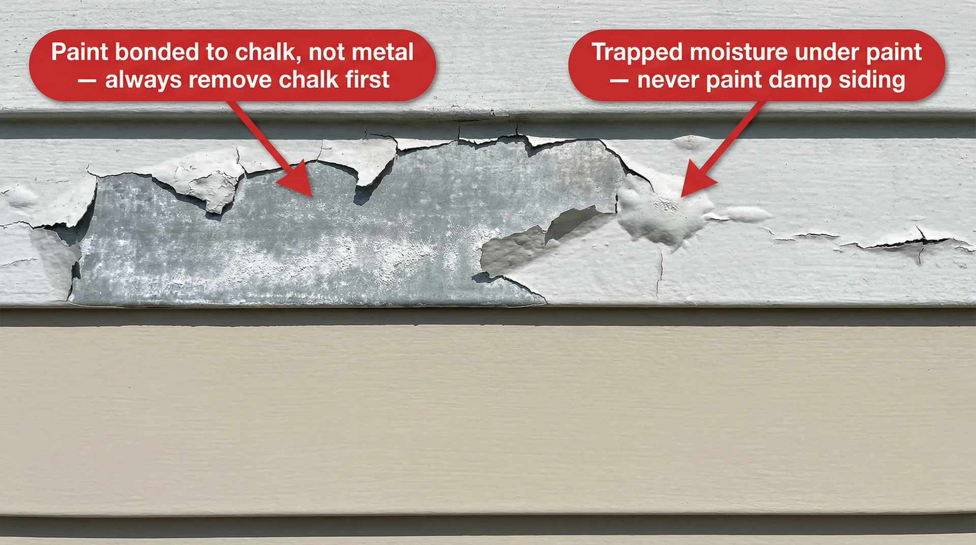 Aluminum siding with peeling and bubbling paint from skipped prep steps, versus smooth well-adhered paint on lower half