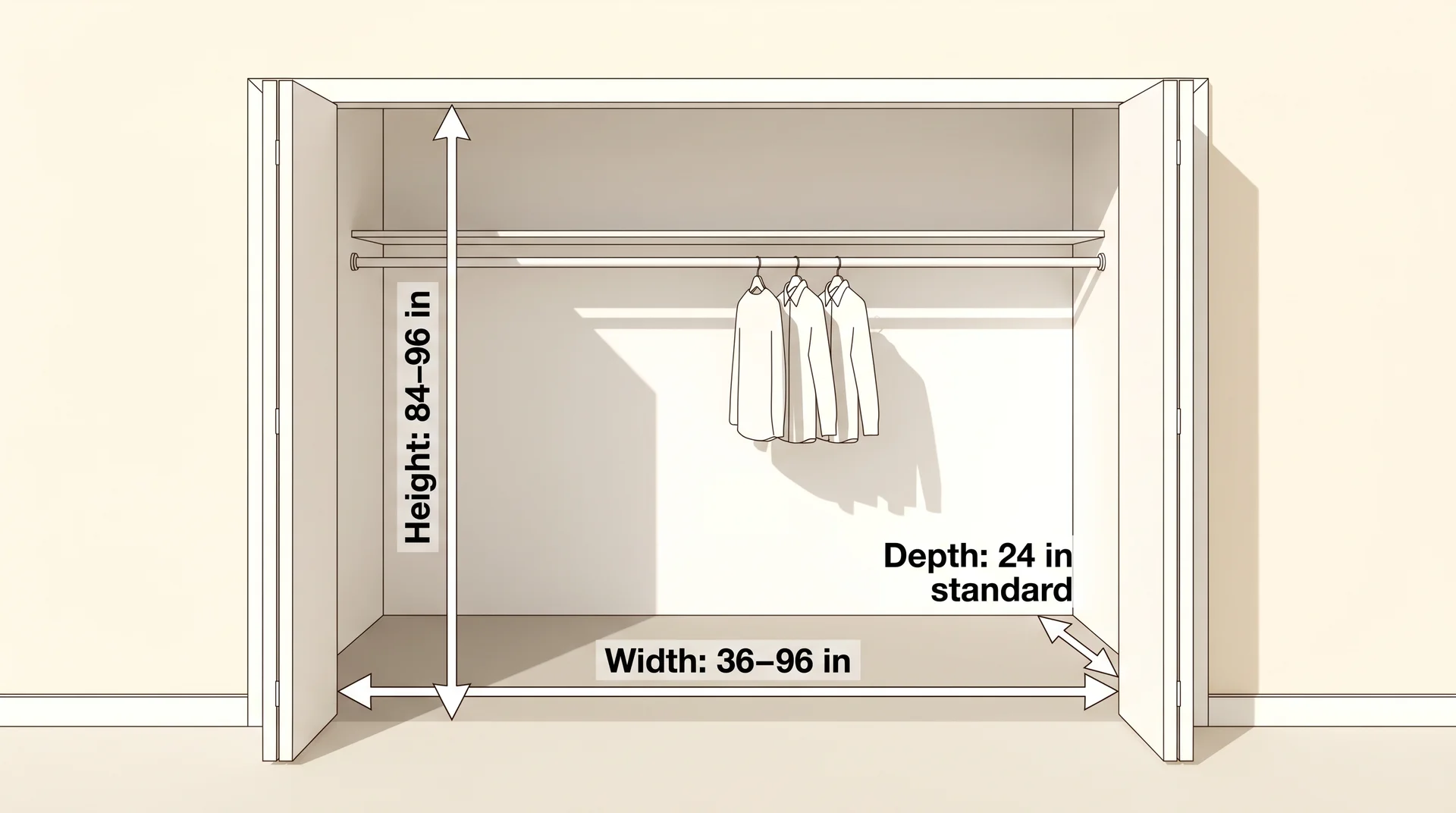 Annotated 3D diagram of a standard reach-in closet with labeled arrows for depth, width, and height measurements.
