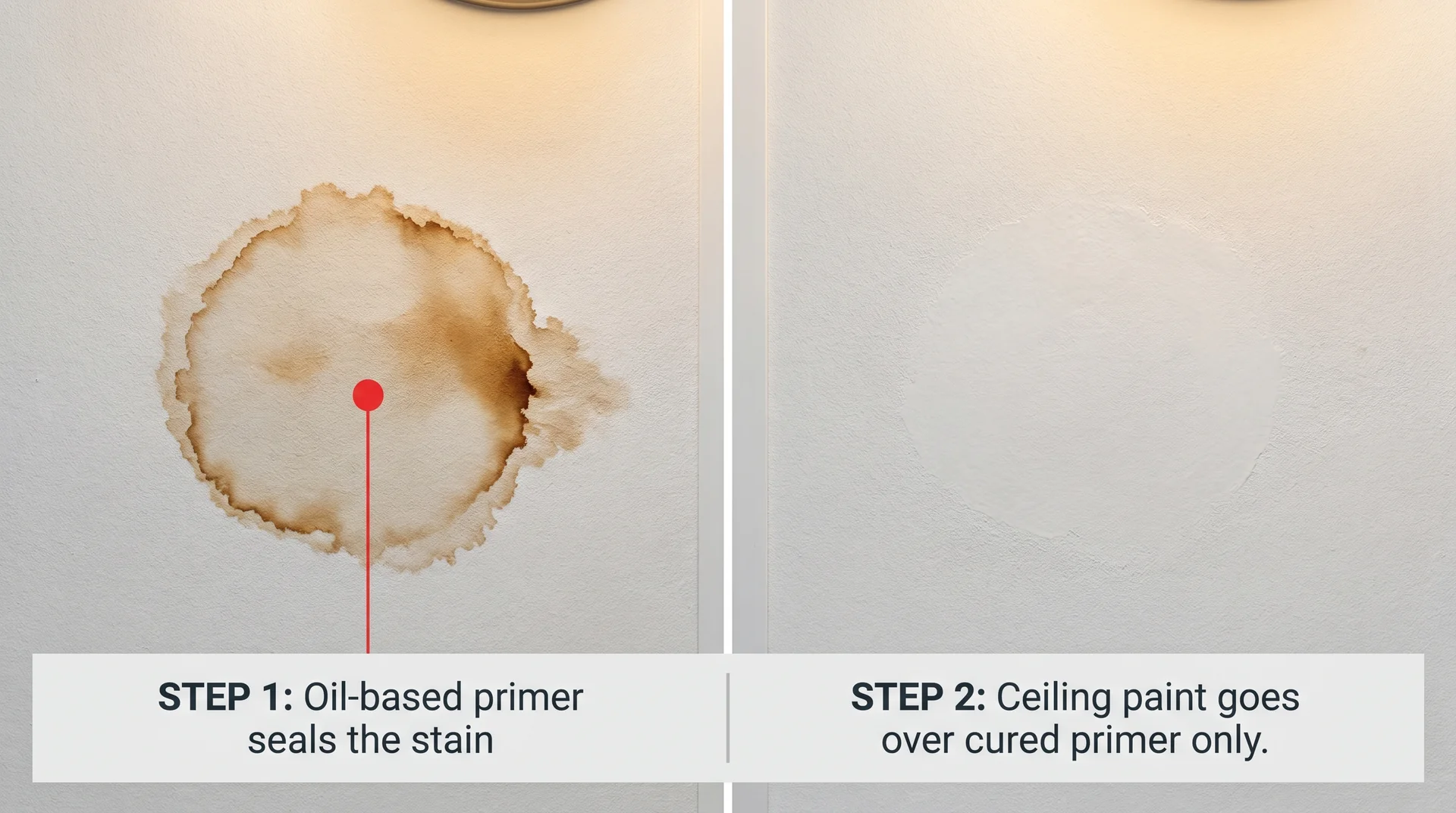 Annotated ceiling image showing untreated water stain on left and oil-based primer applied on right as step one