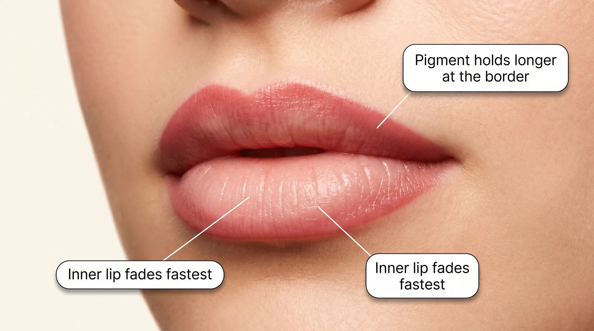 Annotated close-up of lips showing darker pigment at the lip border and faded center, a normal lip blush aging pattern