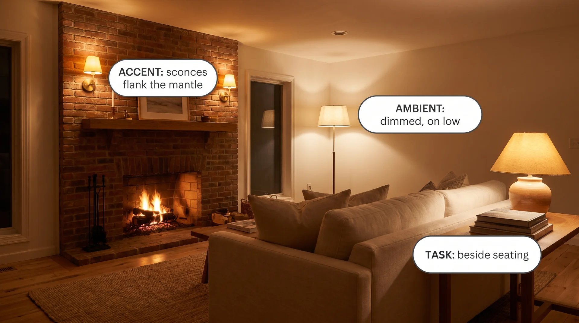 Annotated living room with fireplace showing three layered lighting types: ambient overhead, accent sconces flanking mantle, and task lamp
