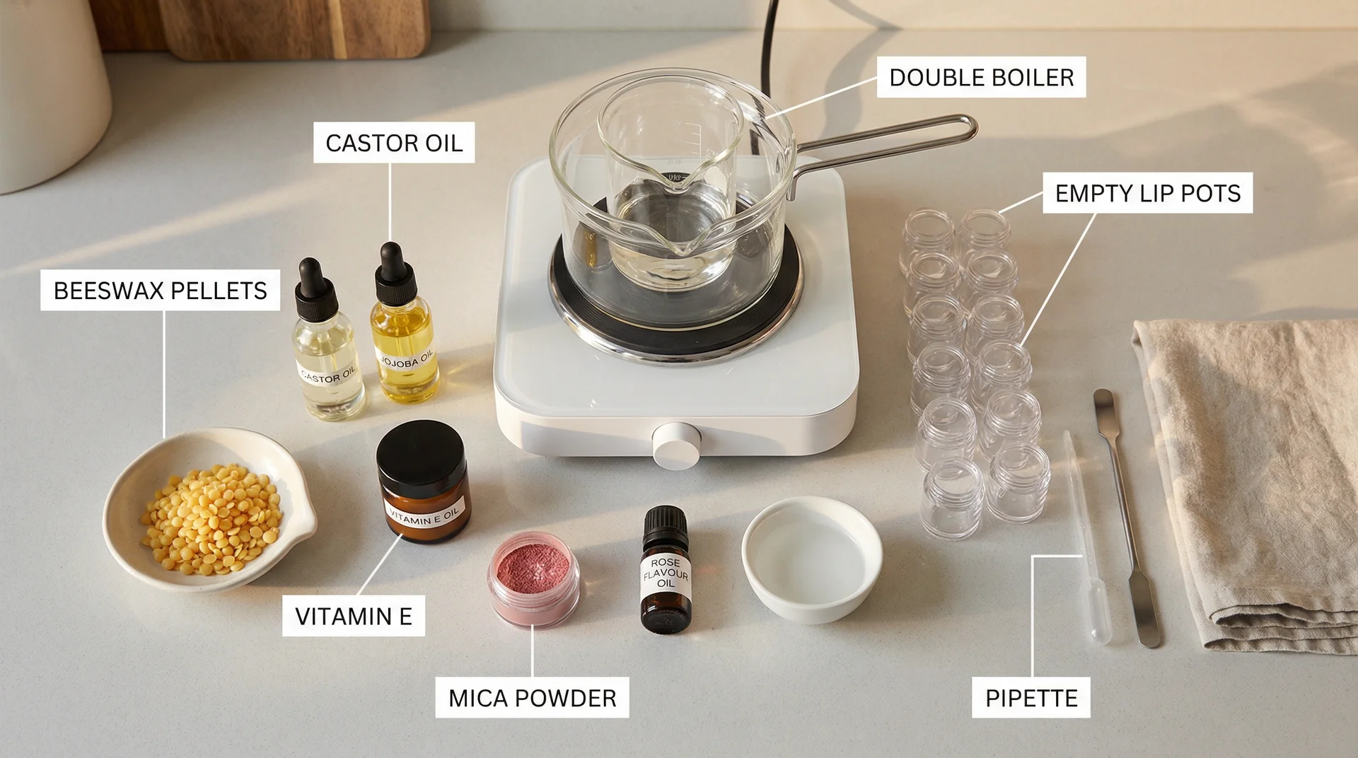 Annotated overhead flat lay of lip gloss making workspace with labelled beeswax, castor oil, double boiler, mica powder, and empty lip pots
