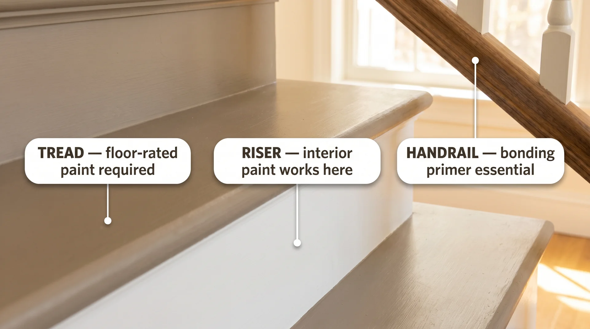 Annotated staircase close-up labeling the tread, riser, and handrail with their specific paint requirements
