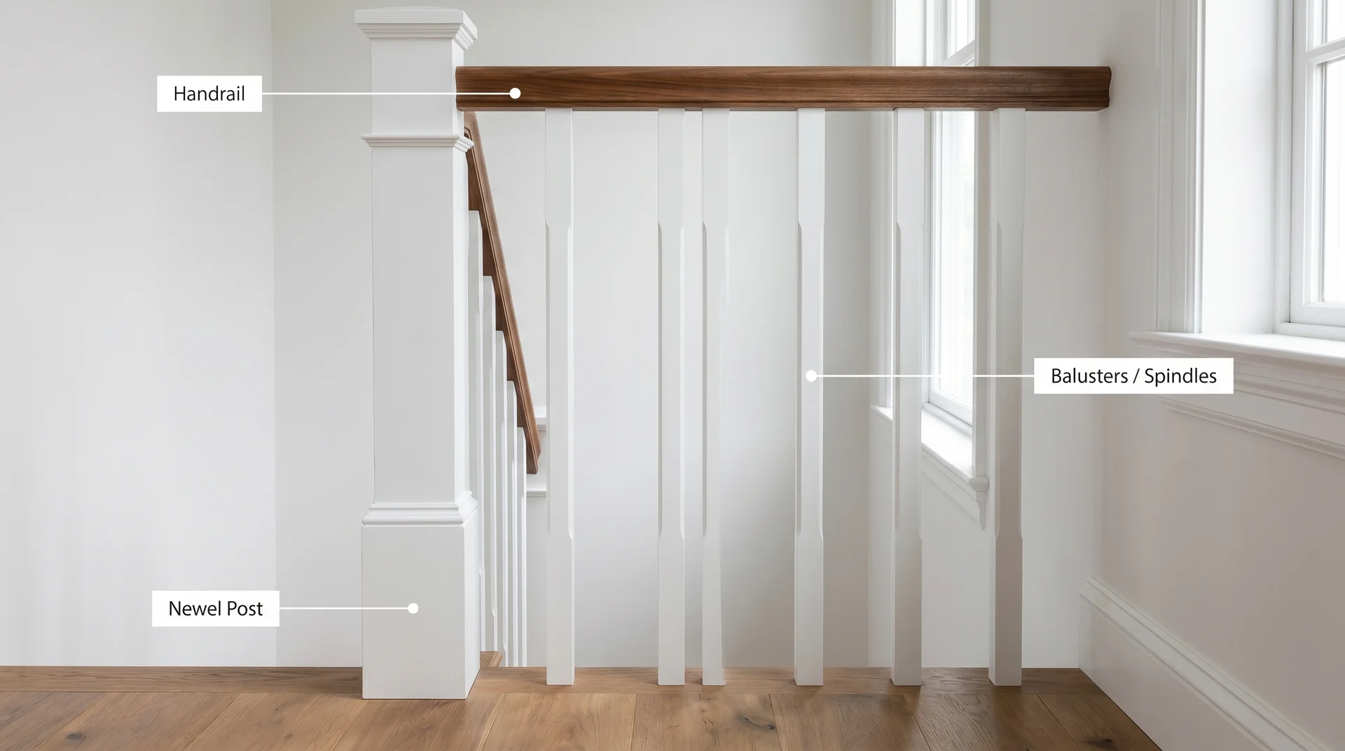 Annotated staircase close-up with labeled railing components: handrail at top, balusters in center, and newel post at base