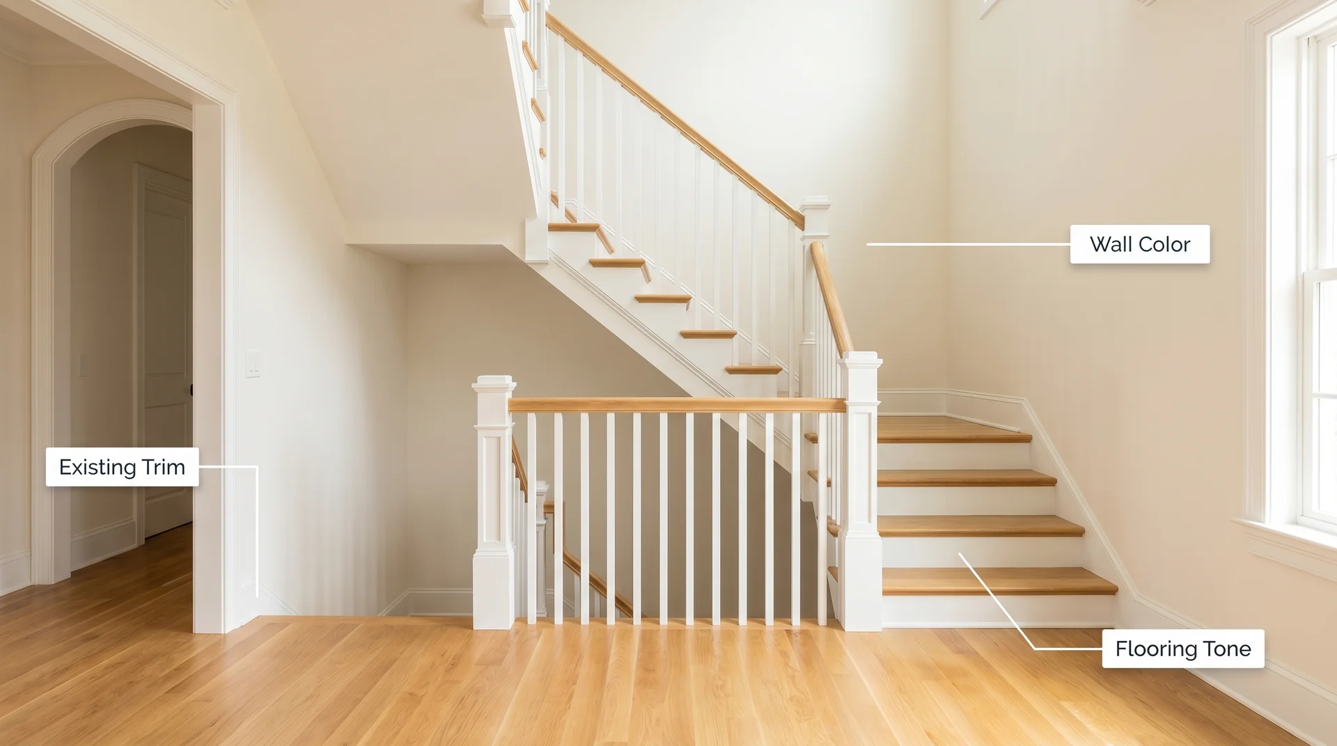 Annotated staircase showing wall color, flooring tone, and trim as the three key visual decision anchors