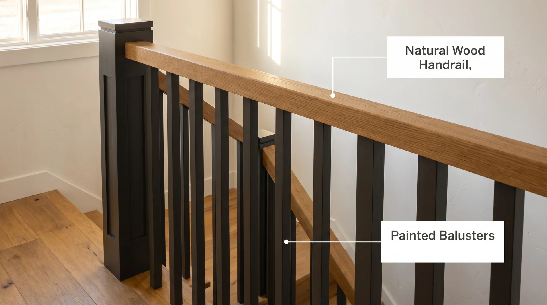 Annotated transitional staircase showing natural wood handrail paired with dark charcoal painted balusters as two separate choices