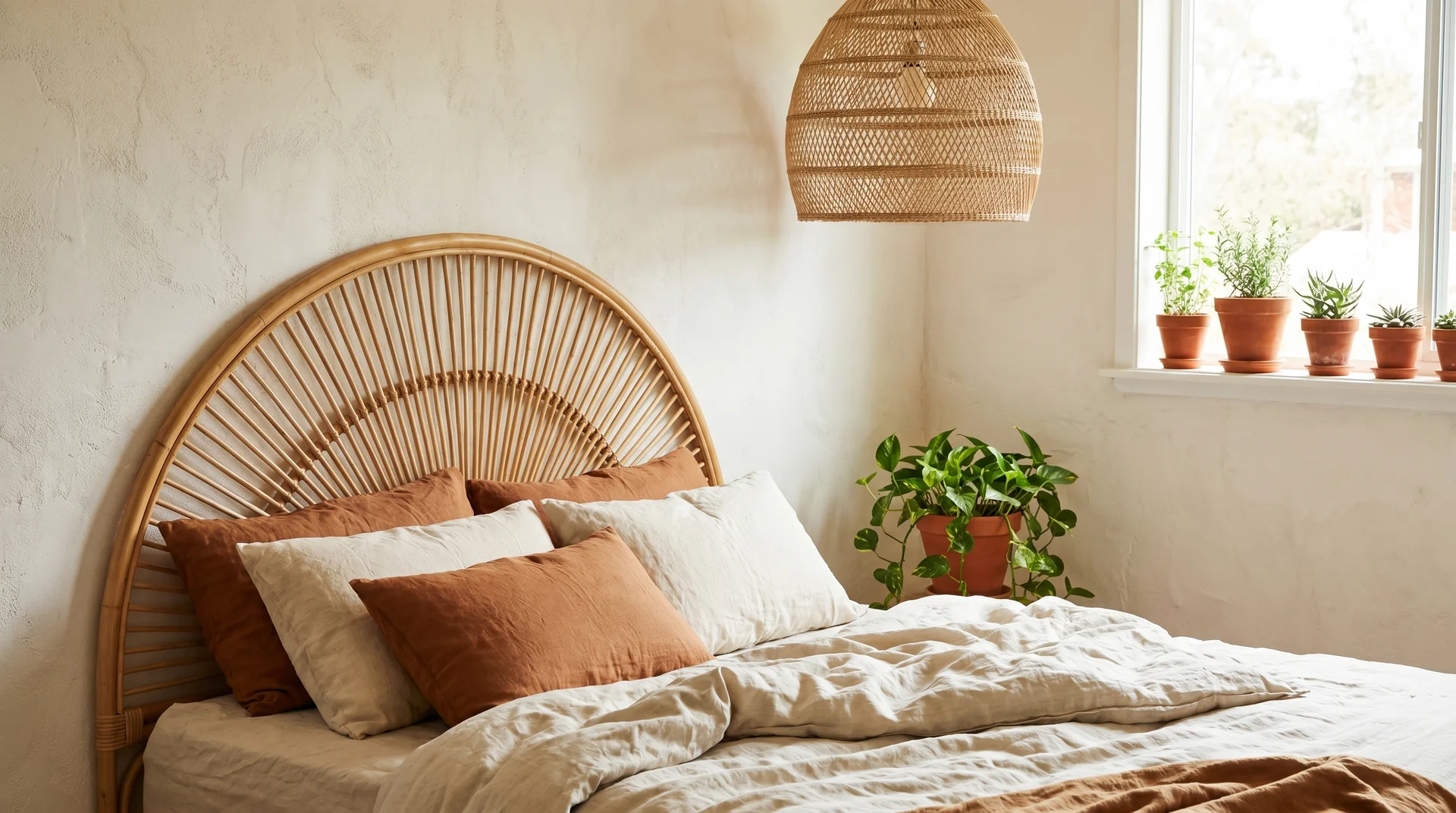 Arched rattan headboard bedroom with cream and rust cushions, woven pendant lamp, and terracotta pots 