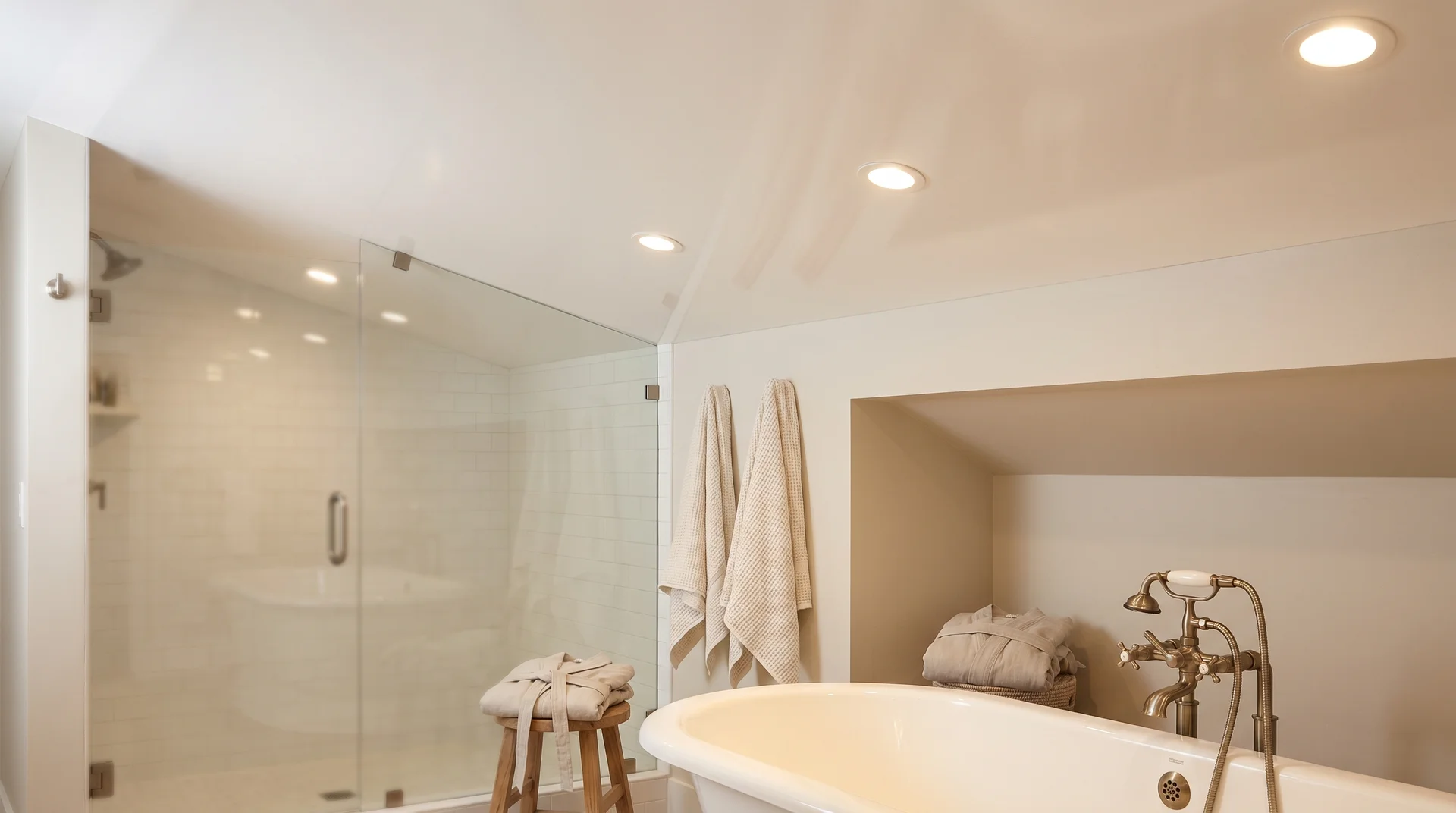 Aspirational bathroom interior with a smooth satin-finish white ceiling above a glass shower and brushed brass tub