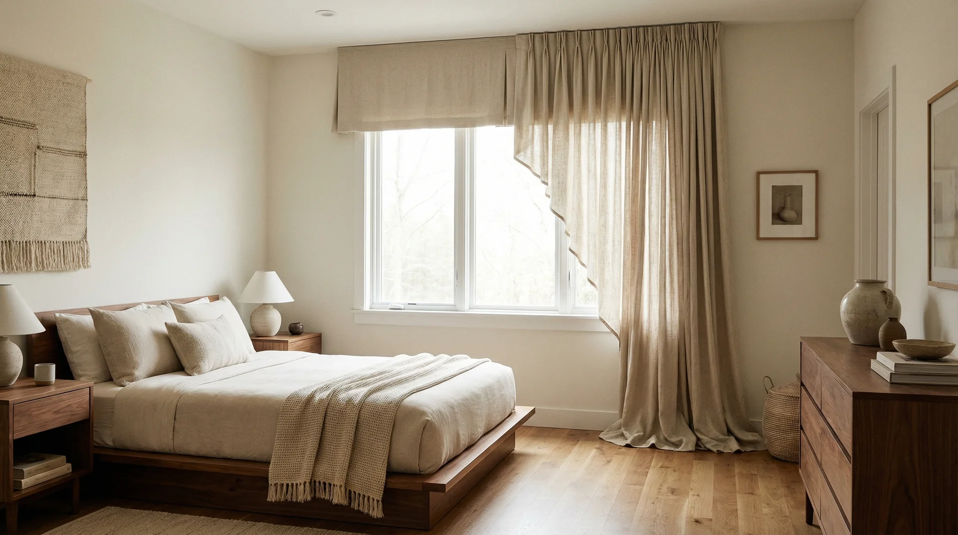 Asymmetrical linen valance with one cascading side in a neutral master bedroom creating a dramatic waterfall effect