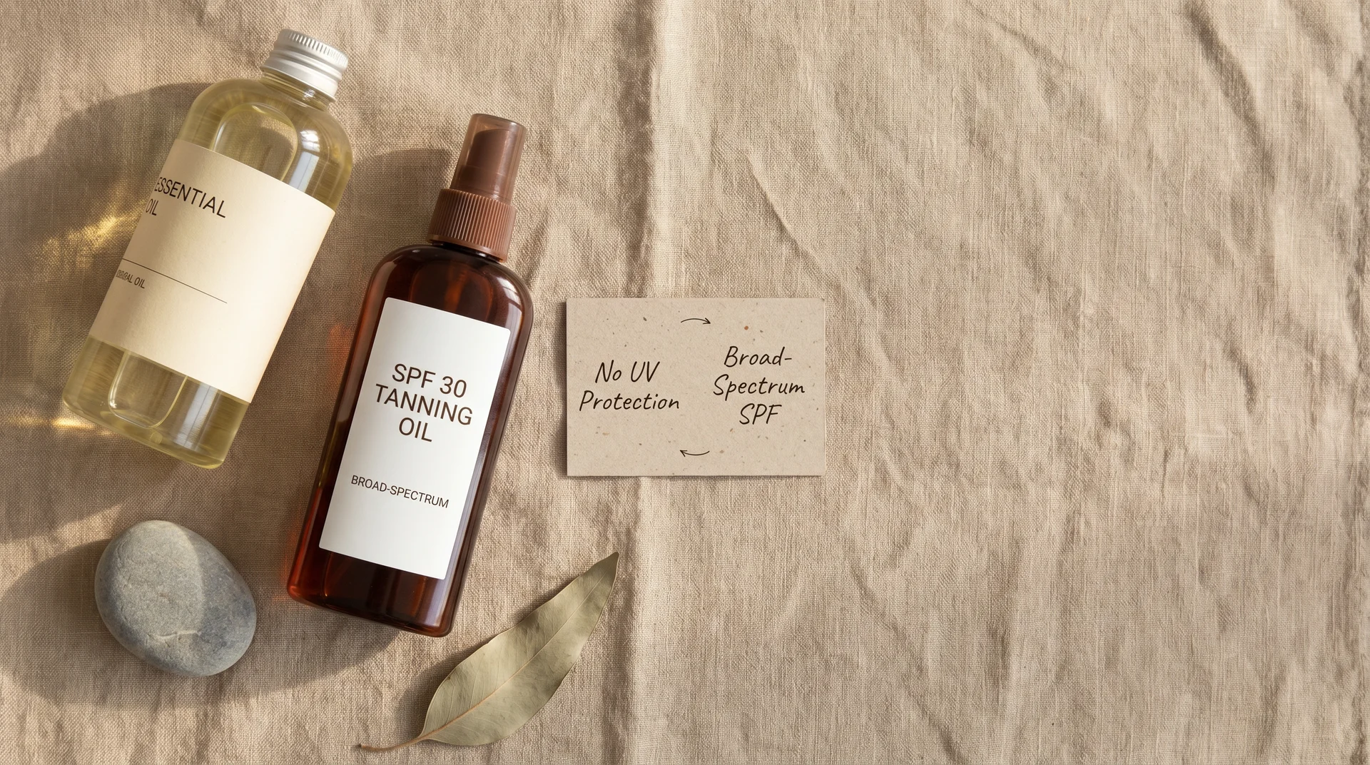 Baby oil versus SPF tanning oil side by side on linen surface, showing UV protection difference
