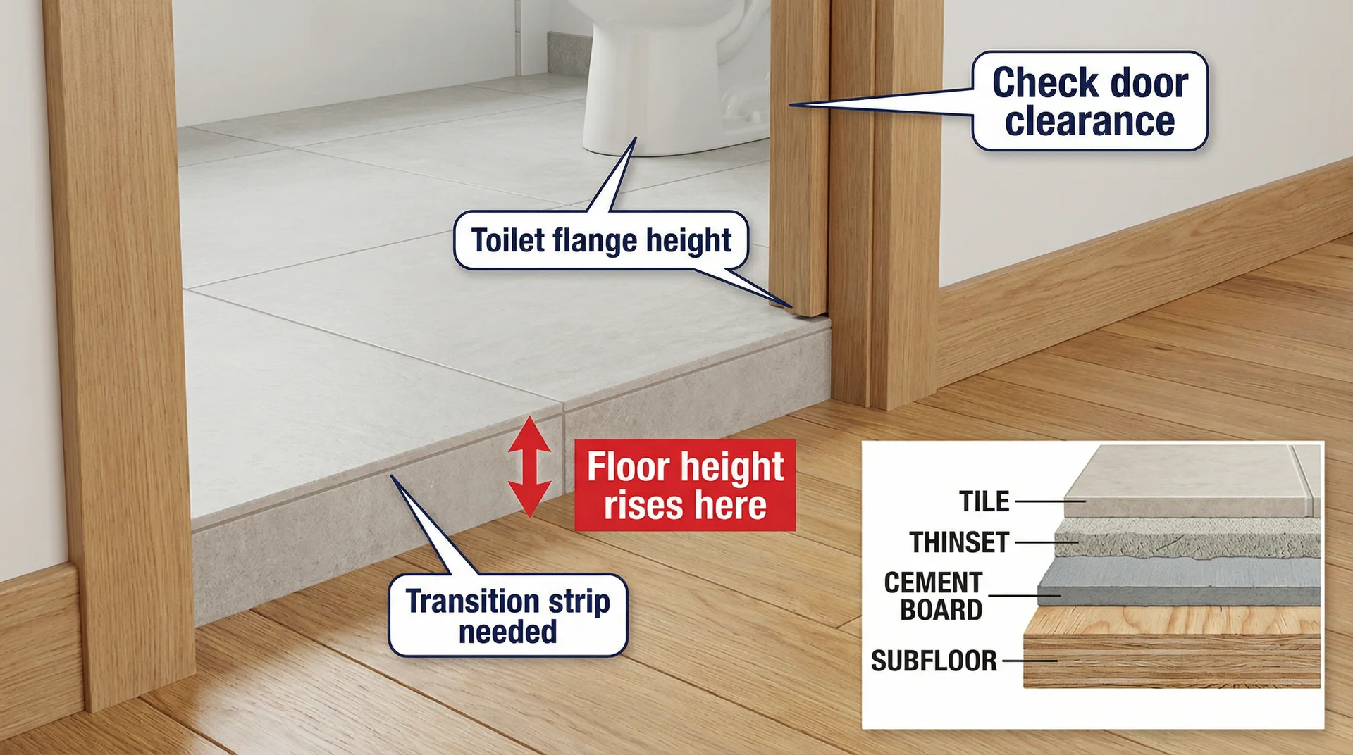 Bathroom floor transition showing height difference between tile and hardwood with callouts for door clearance and toilet flange
