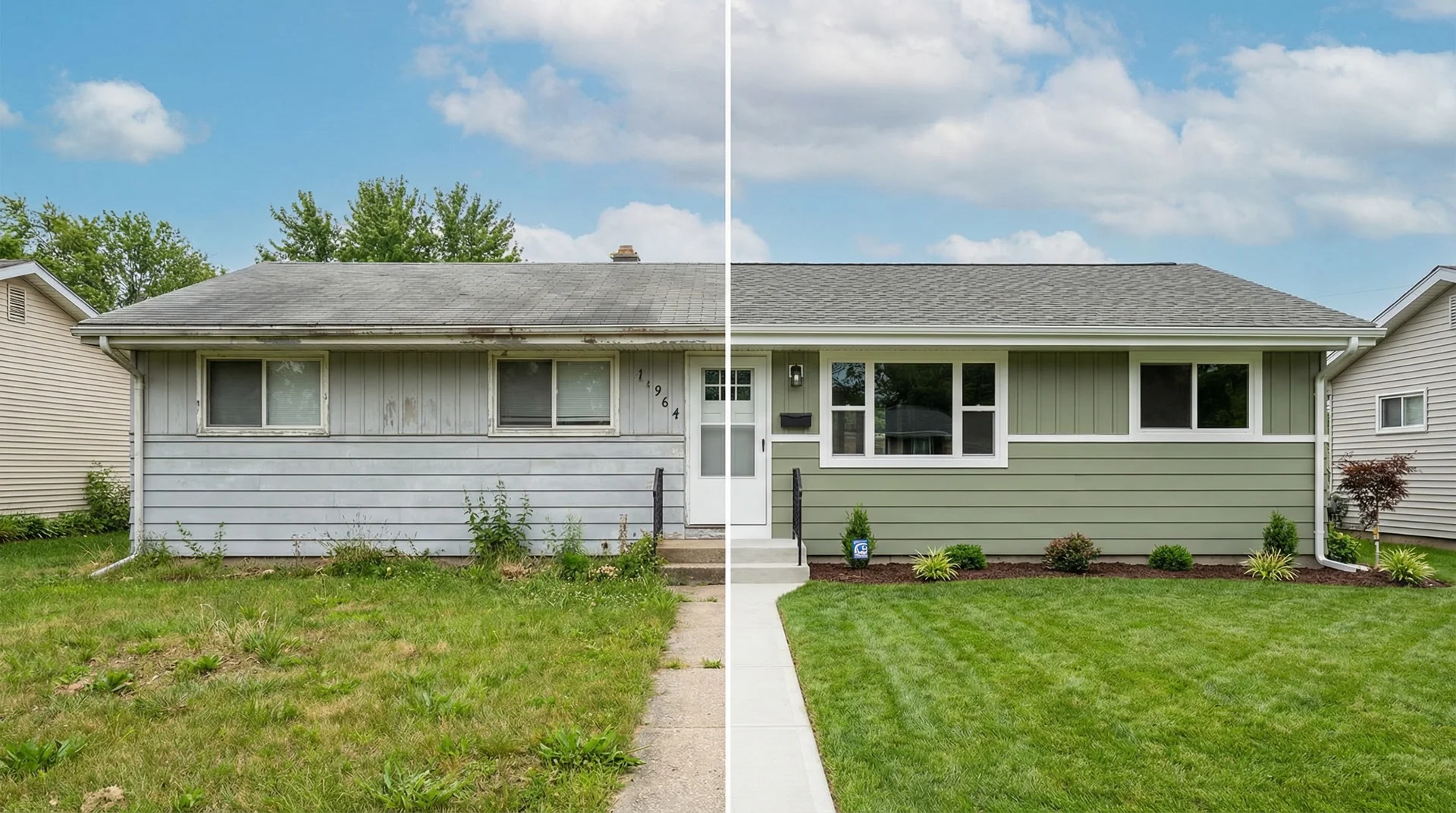 Before and after comparison of aluminum siding — faded chalky left side versus freshly painted sage green right side