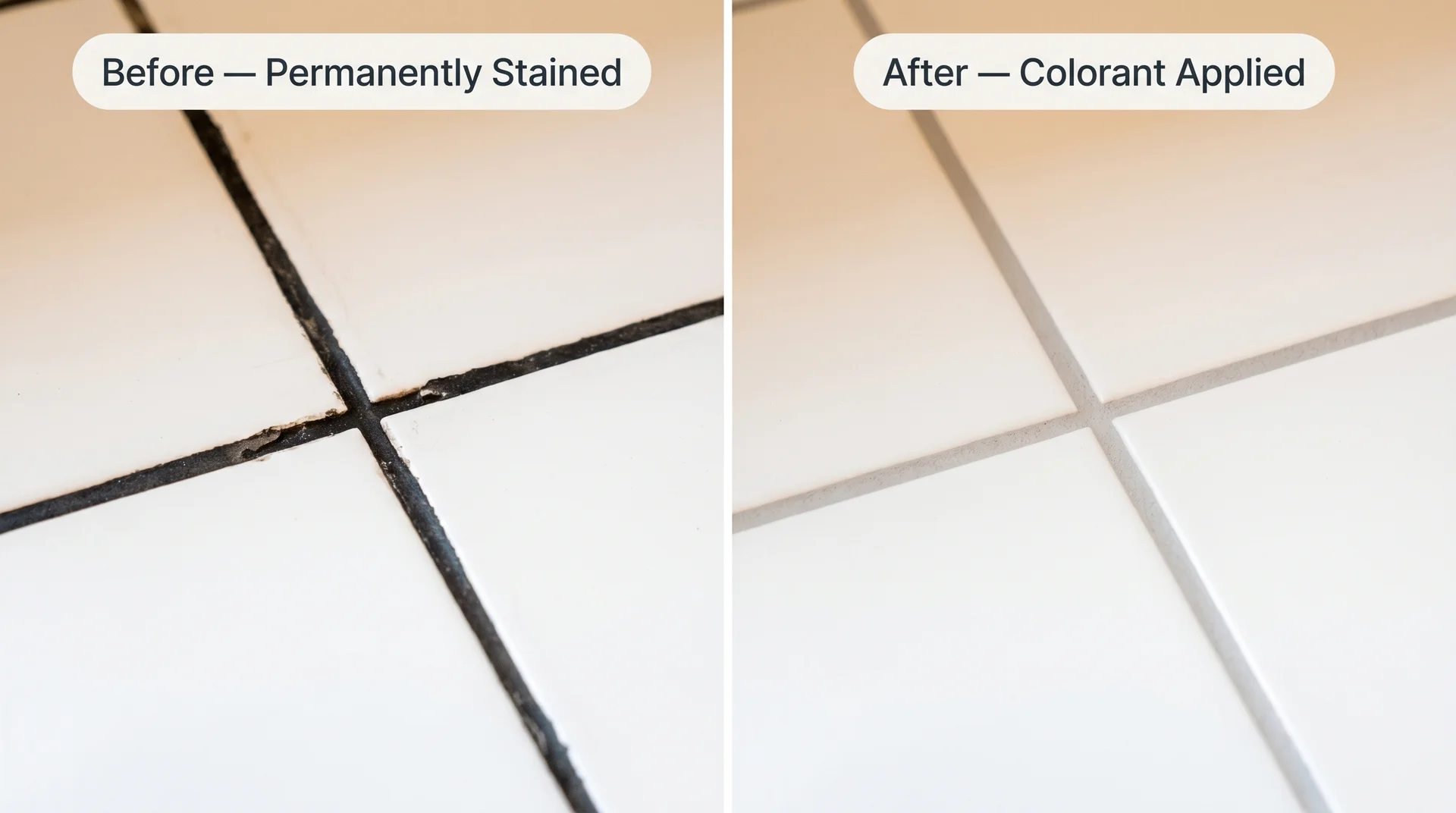 Before and after comparison of permanently black-stained grout on the left, restored with grout colorant on the right