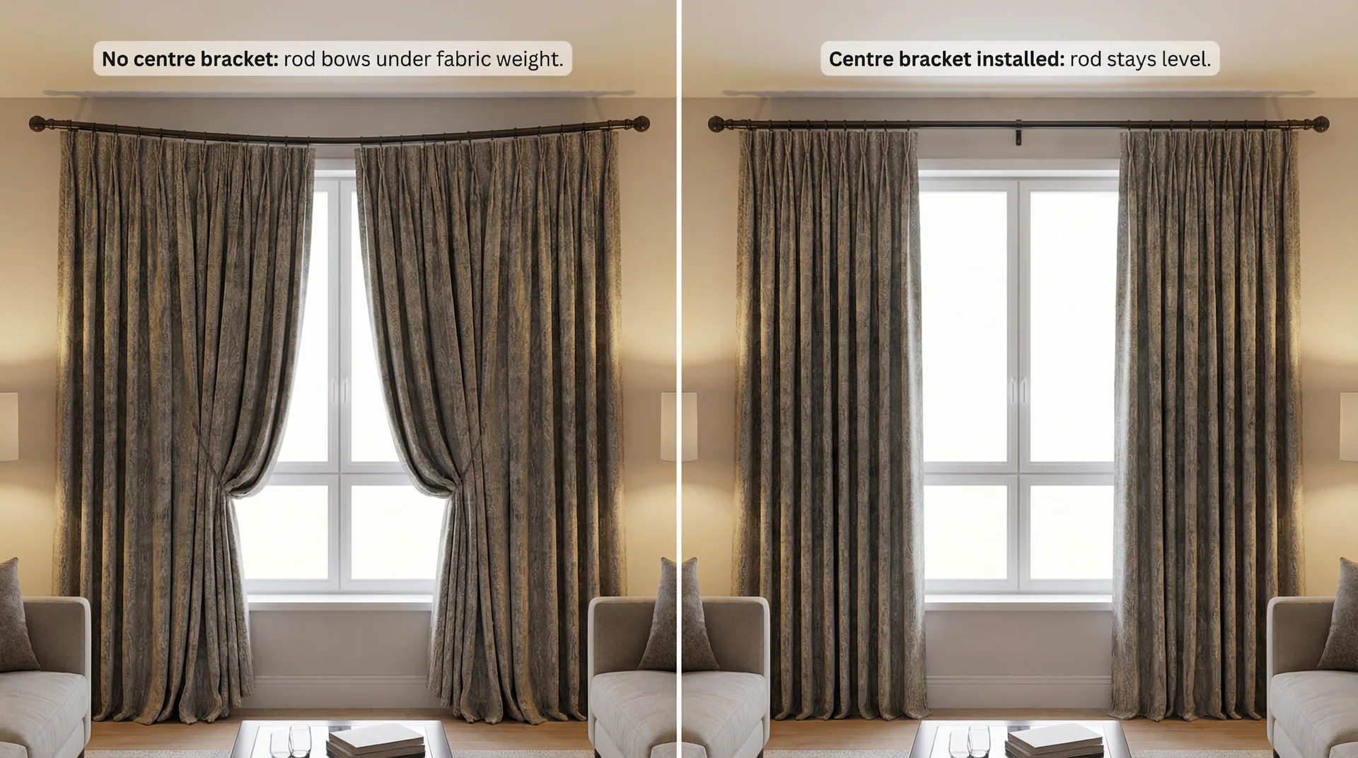 Before and after showing a curtain rod bowing without a centre support
bracket versus hanging level with one installed on a large window.
