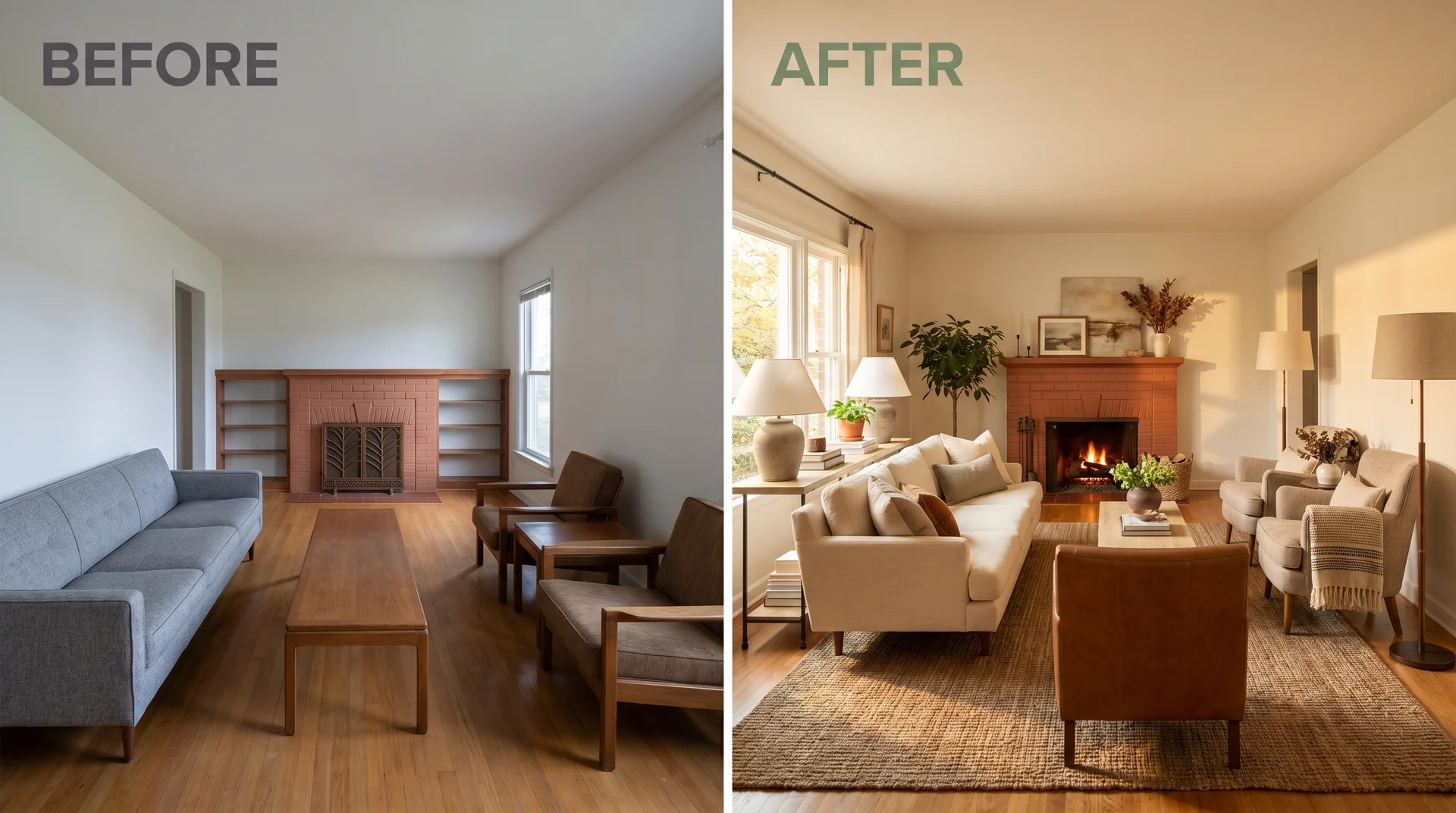Before and after showing a narrow living room transformed from a corridor furniture arrangement to a defined fireplace seating zone
