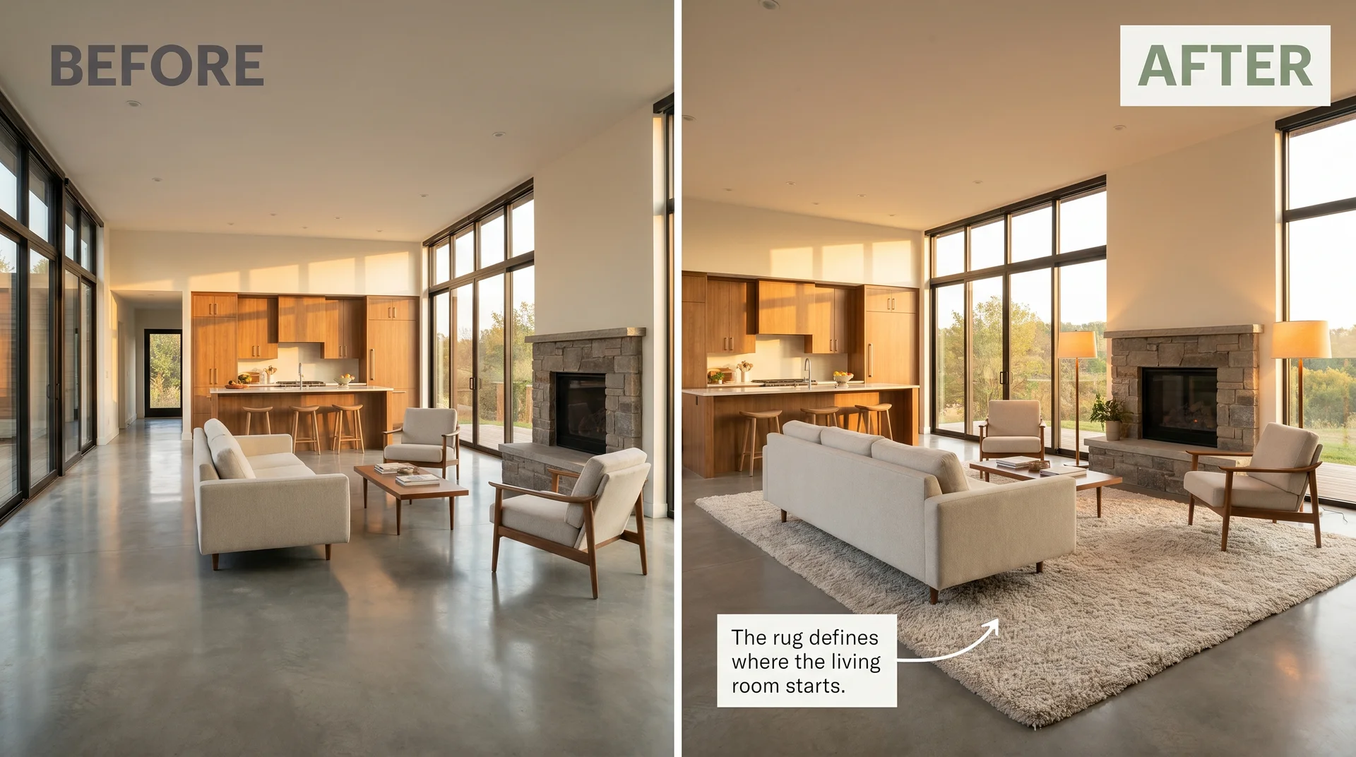Before and after showing an open-plan living room with fireplace transformed by a large area rug anchoring the seating zone