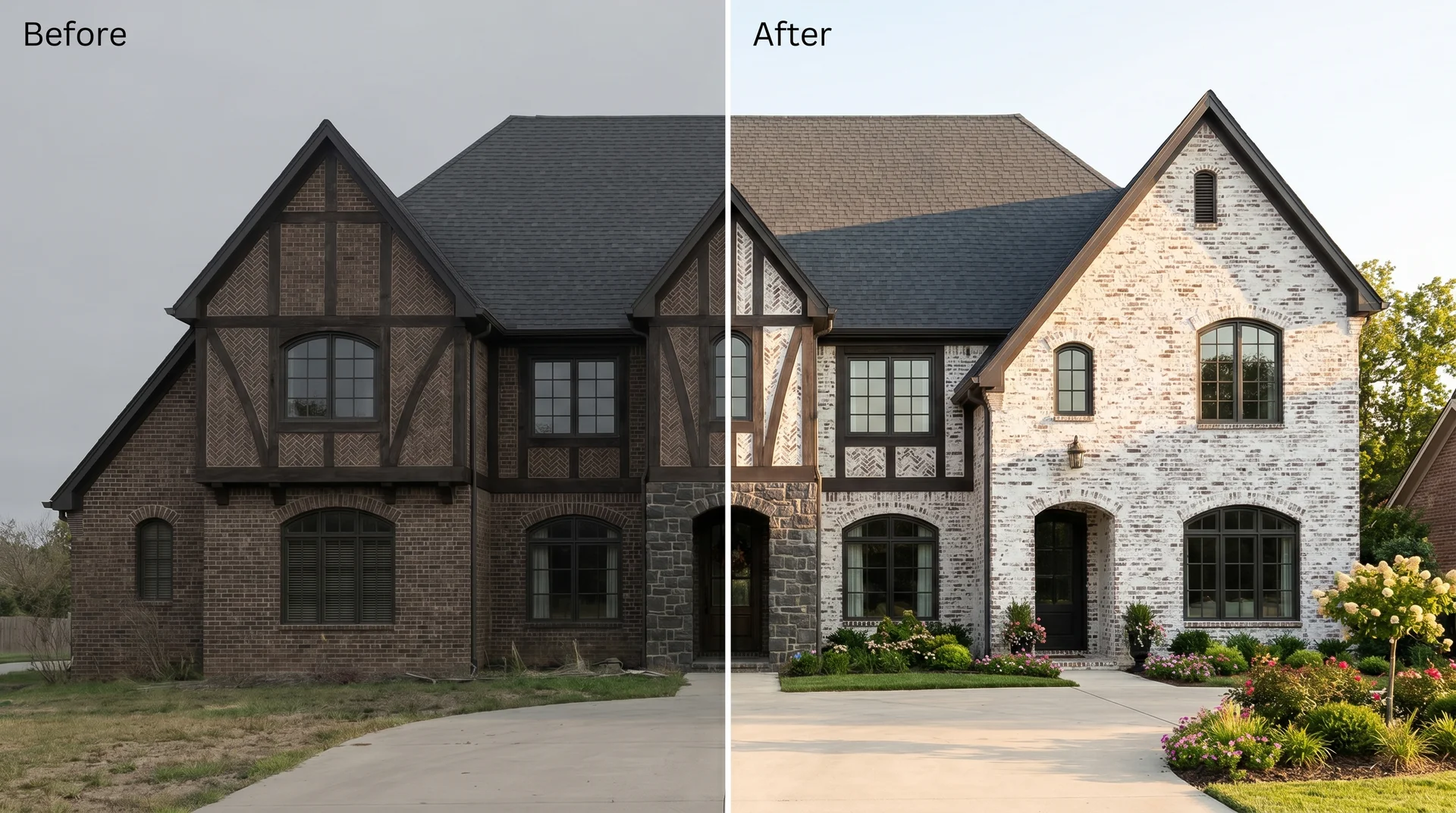 Before and after split showing dark brown Tudor brick home transformed with white German schmear mortar application