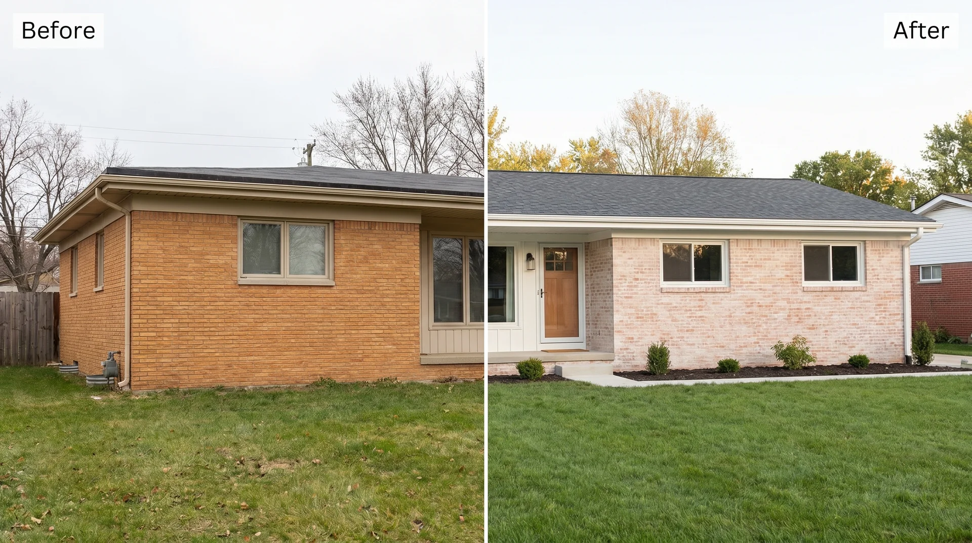 Before and after split showing orange brick ranch home with light limewash at 25–30% opacity preserving warm undertones