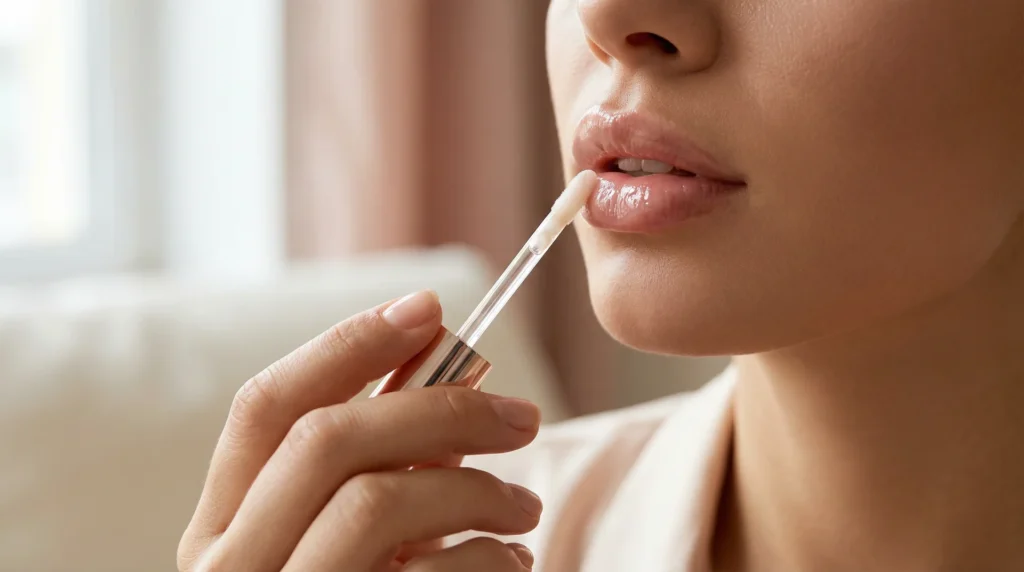 Best lip gloss for dry lips shown as a close-up of dewy, glossy lips held near a clear gloss wand