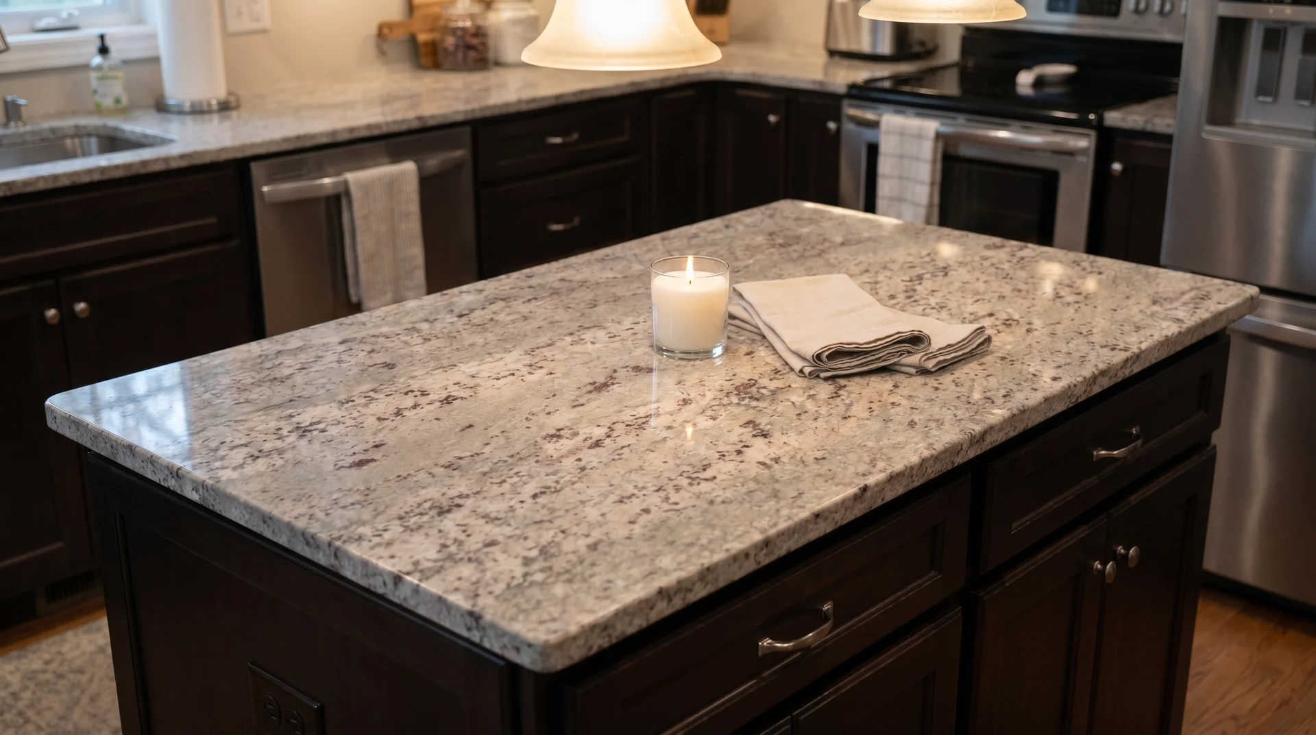Bianco Antico granite island with soft gray and taupe flecks installed with dark espresso Shaker cabinets below