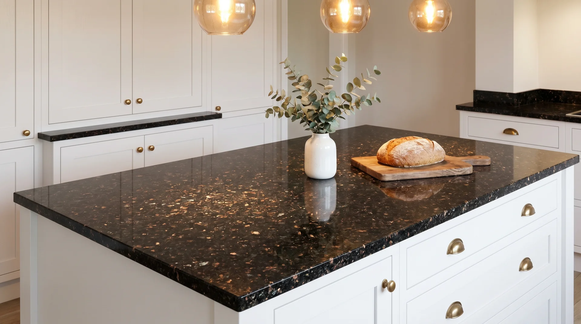Black Galaxy granite countertop showing deep black base with copper and gold bronzite shimmer under warm pendant light