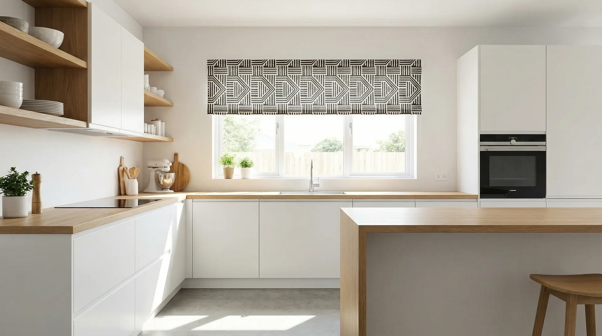 Black and white geometric flat panel valance in a minimalist Scandinavian kitchen with no pleating or gathering