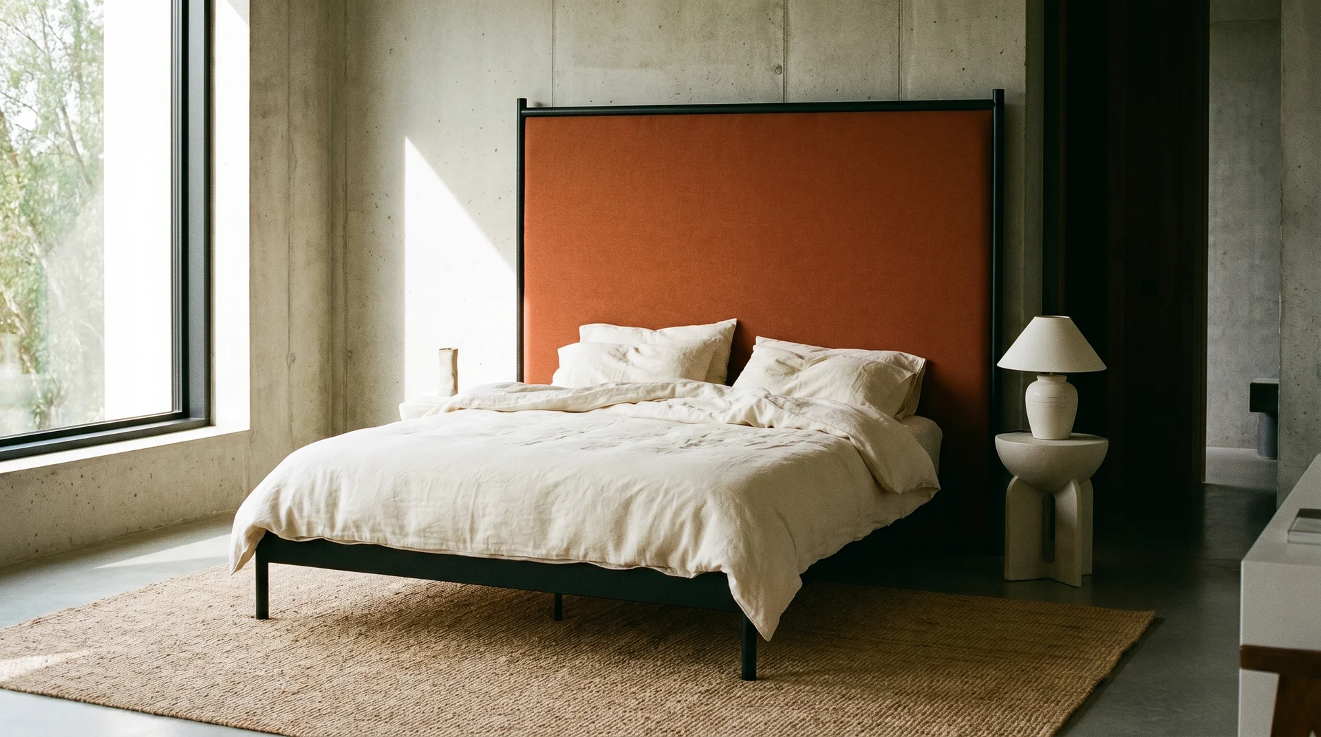 Black bed frame with a burnt orange upholstered headboard panel insert as an architectural bedroom detail