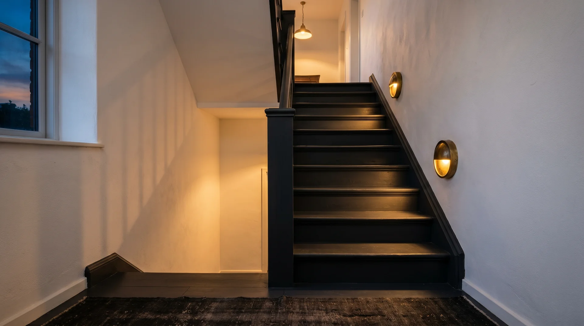 Black painted staircase lit by warm wall sconces at stair height showing how lighting adds depth and separates each step