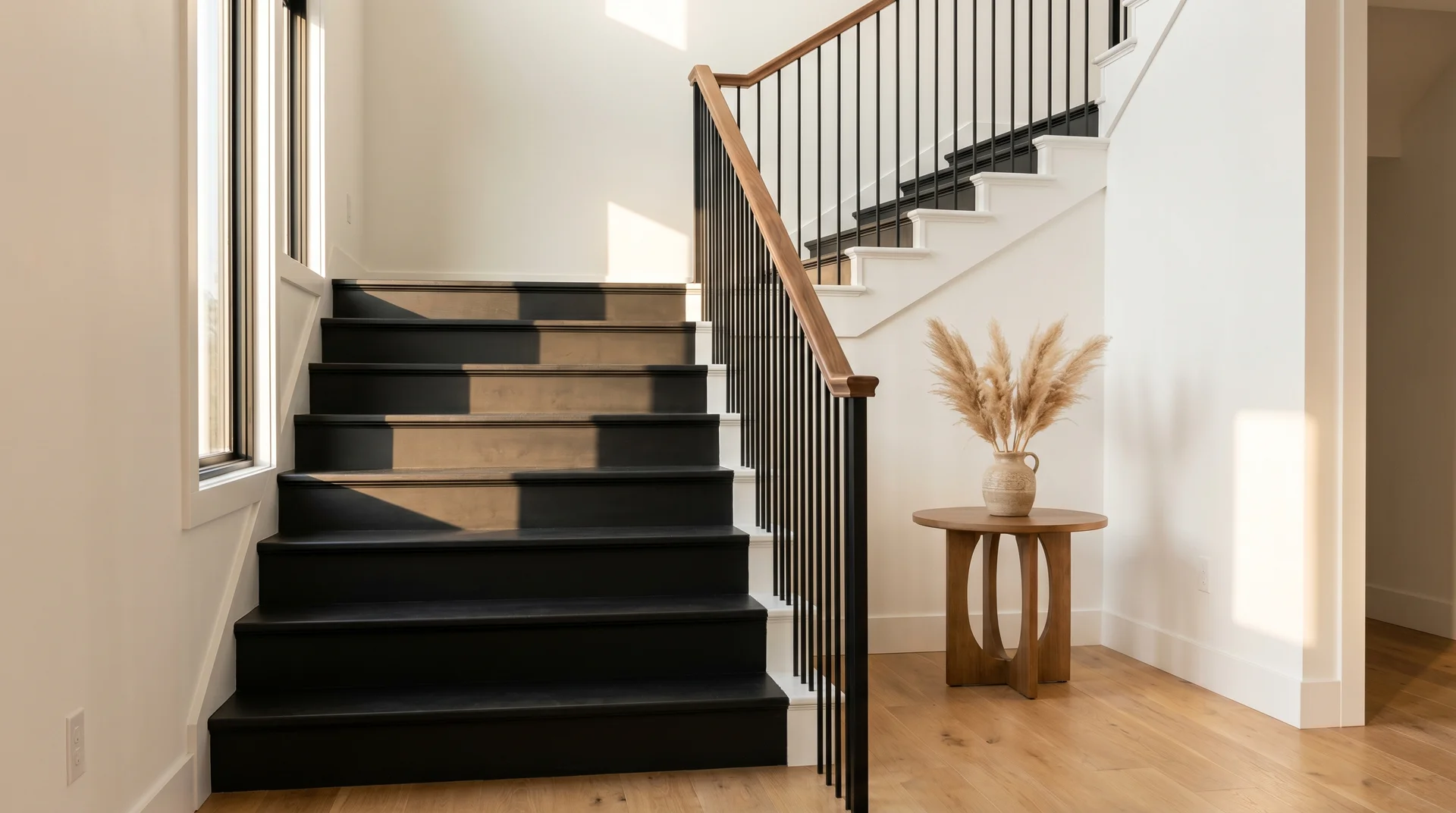 Black painted staircase with black treads and white risers in a bright entryway with white walls and oak floors