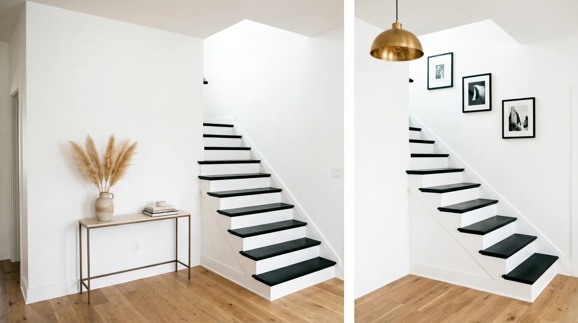 Black staircase against white walls with oak floors, console table, and gallery wall showing how room elements coordinate