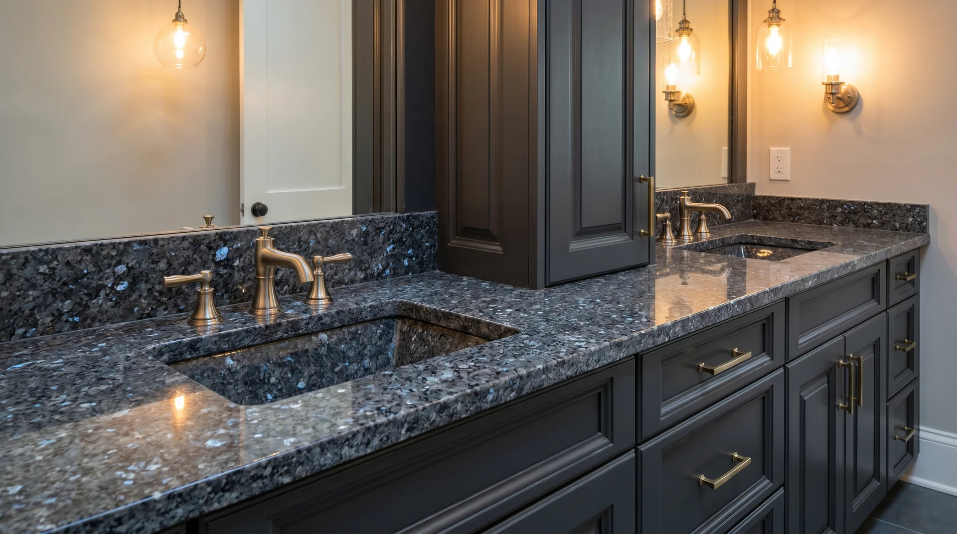 Blue Pearl granite bathroom vanity with deep gray-blue base and crystalline blue shimmer on dark charcoal cabinet