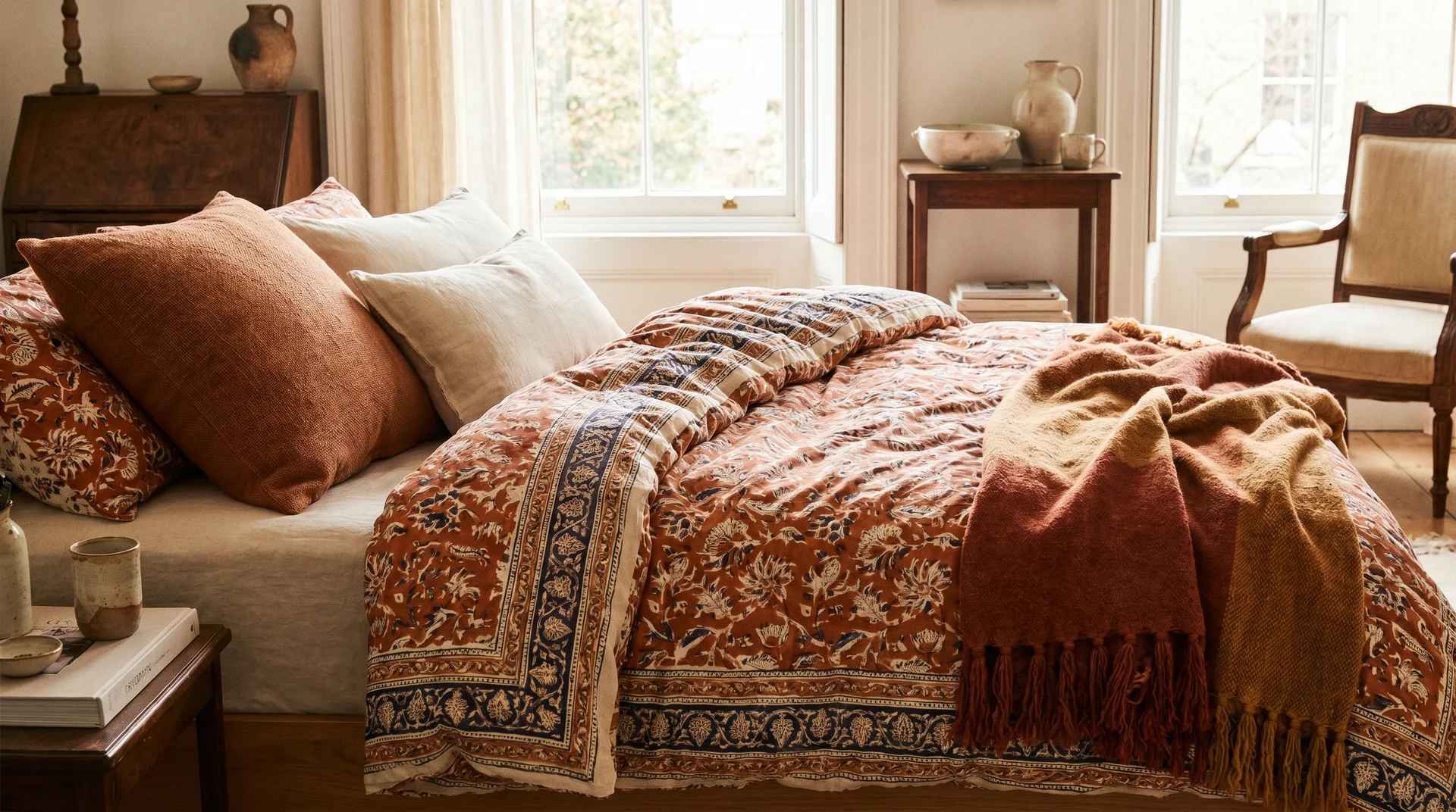 Boho bedroom bed with a block-print burnt orange duvet, rust woven cushion, and a tasselled earthy throw
