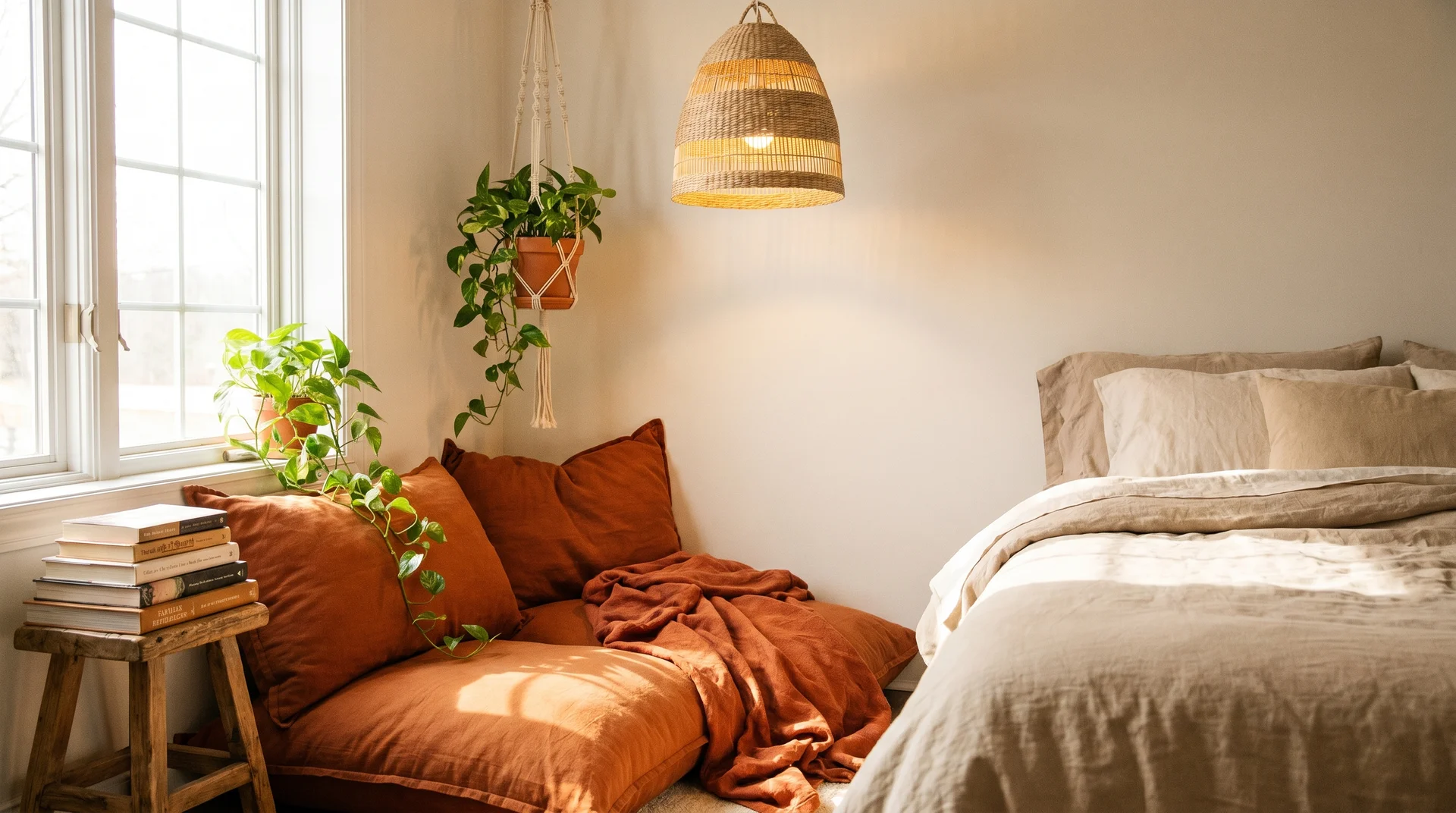 Boho bedroom reading corner with burnt orange floor cushions, stacked books, a pothos plant, and woven lamp