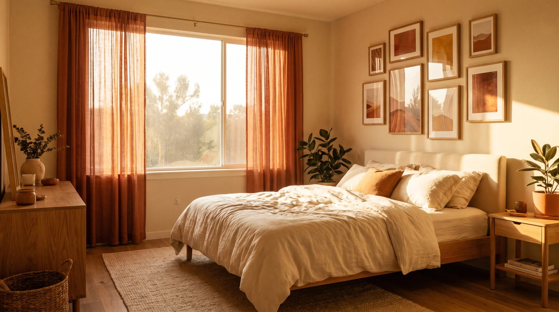 Boho bedroom with sheer terracotta curtains filtering warm amber light over a cream bed and earthy gallery wall
