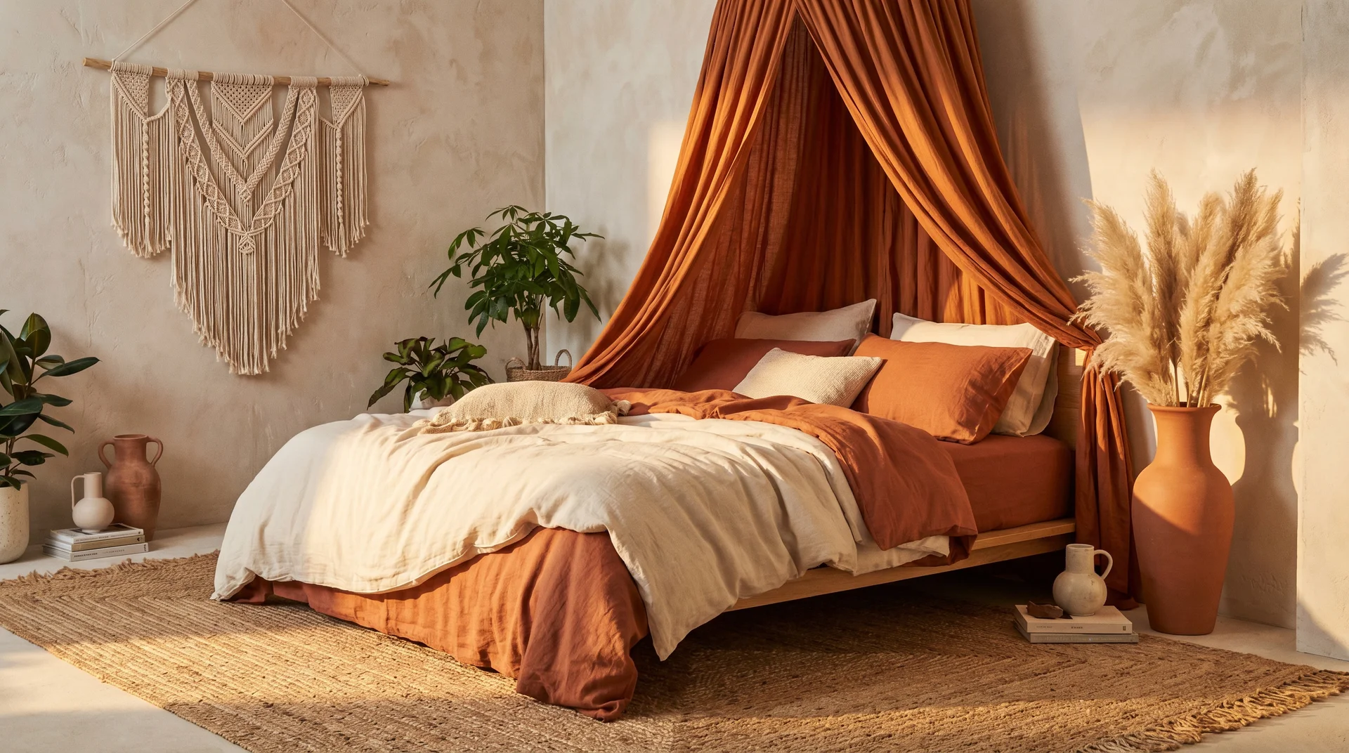 Boho burnt orange canopy bed with cream and rust linen bedding, macramé wall hanging, and pampas grass vase