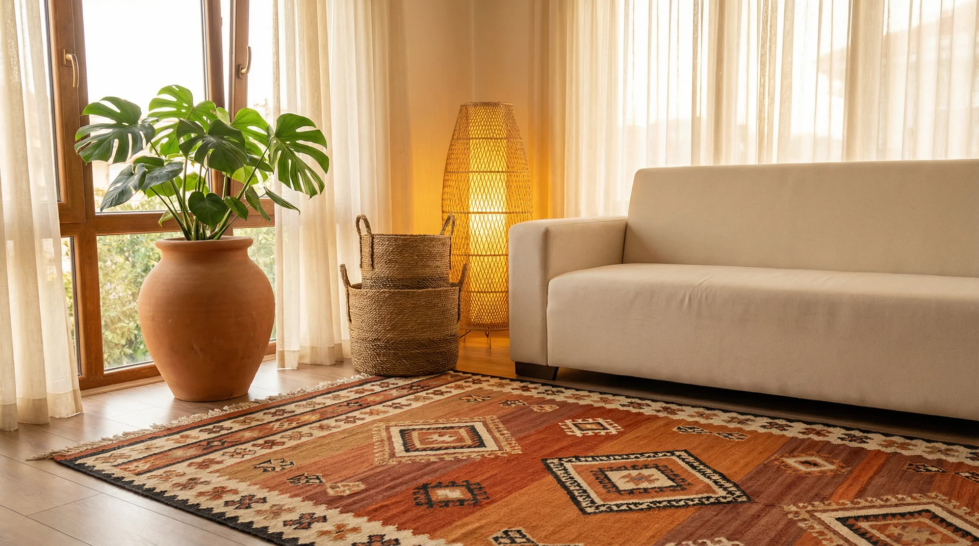 Boho rustic living room corner with Moroccan burnt orange geometric rug, rattan floor lamp and oversized terracotta planter