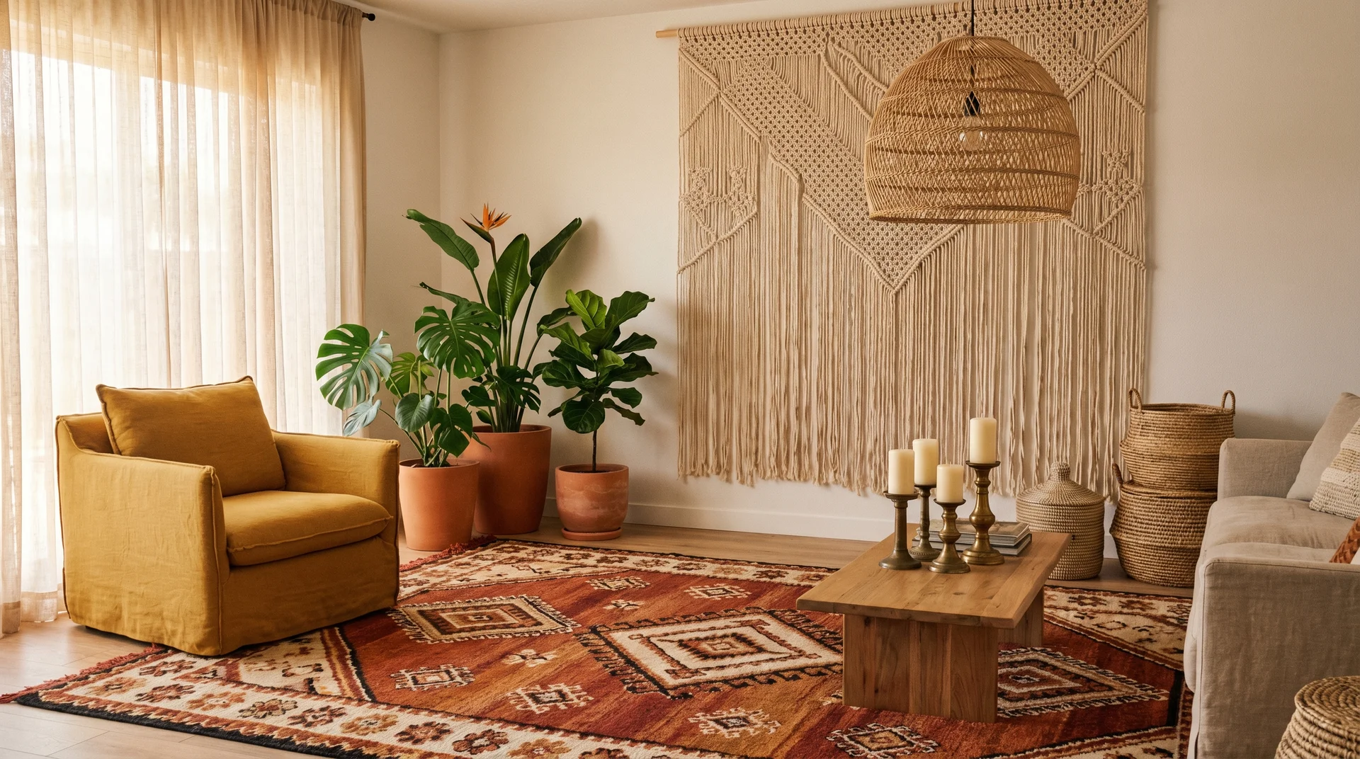 Boho rustic living room with Moroccan burnt orange rug, macramé wall hanging, mustard armchair and rattan pendant lamp