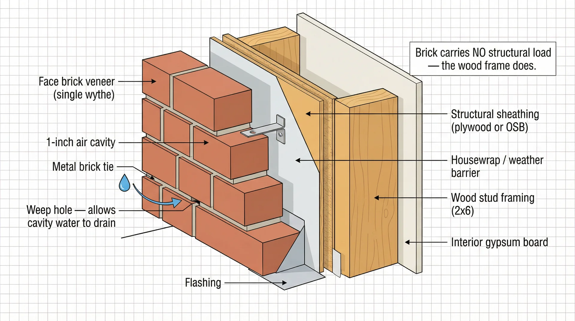 Brick veneer wall cross-section showing air cavity, metal ties, flashing, weep holes, and wood stud frame
