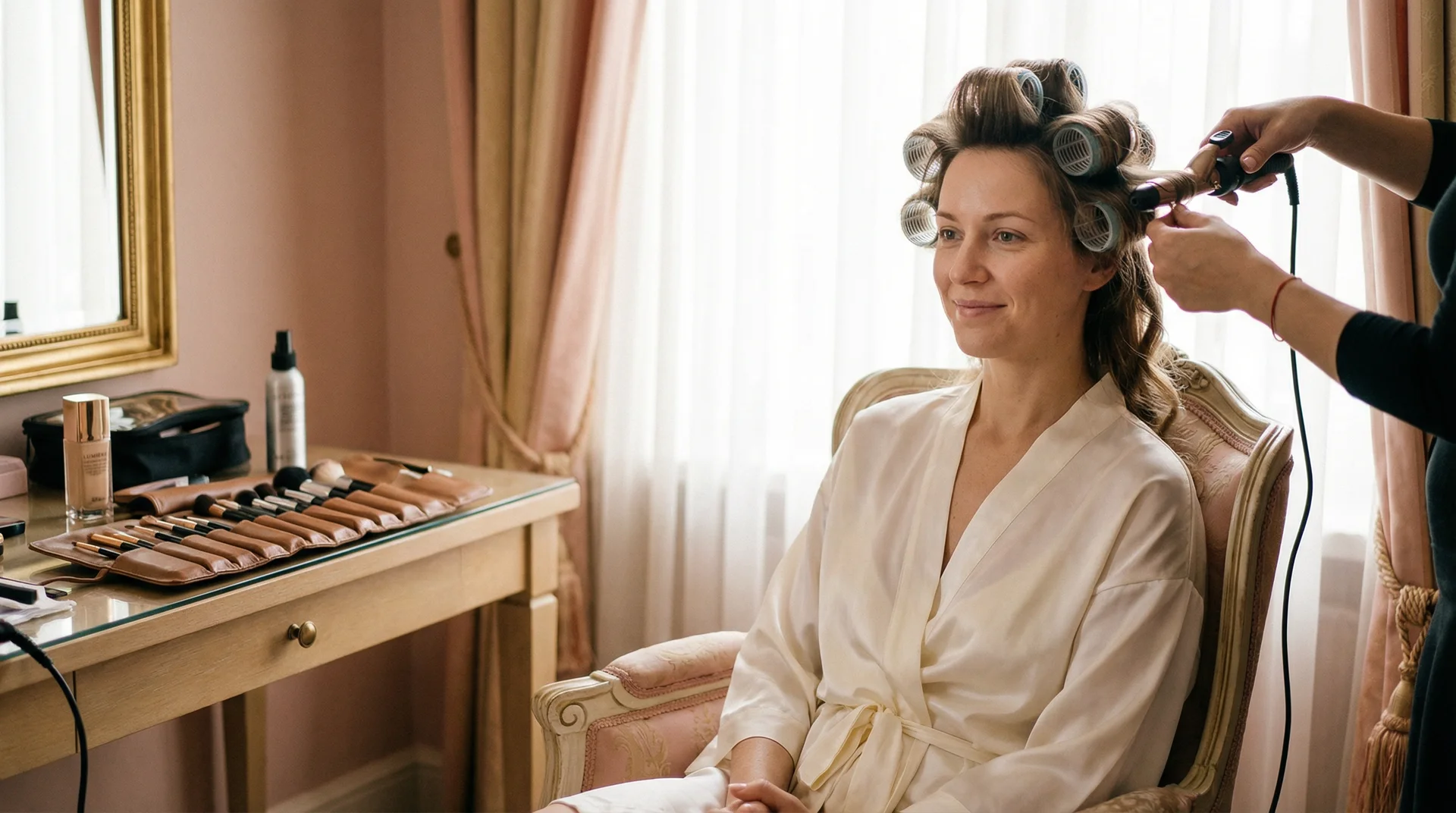 Bride getting her hair styled first with makeup tools waiting on the vanity, showing the correct wedding morning order