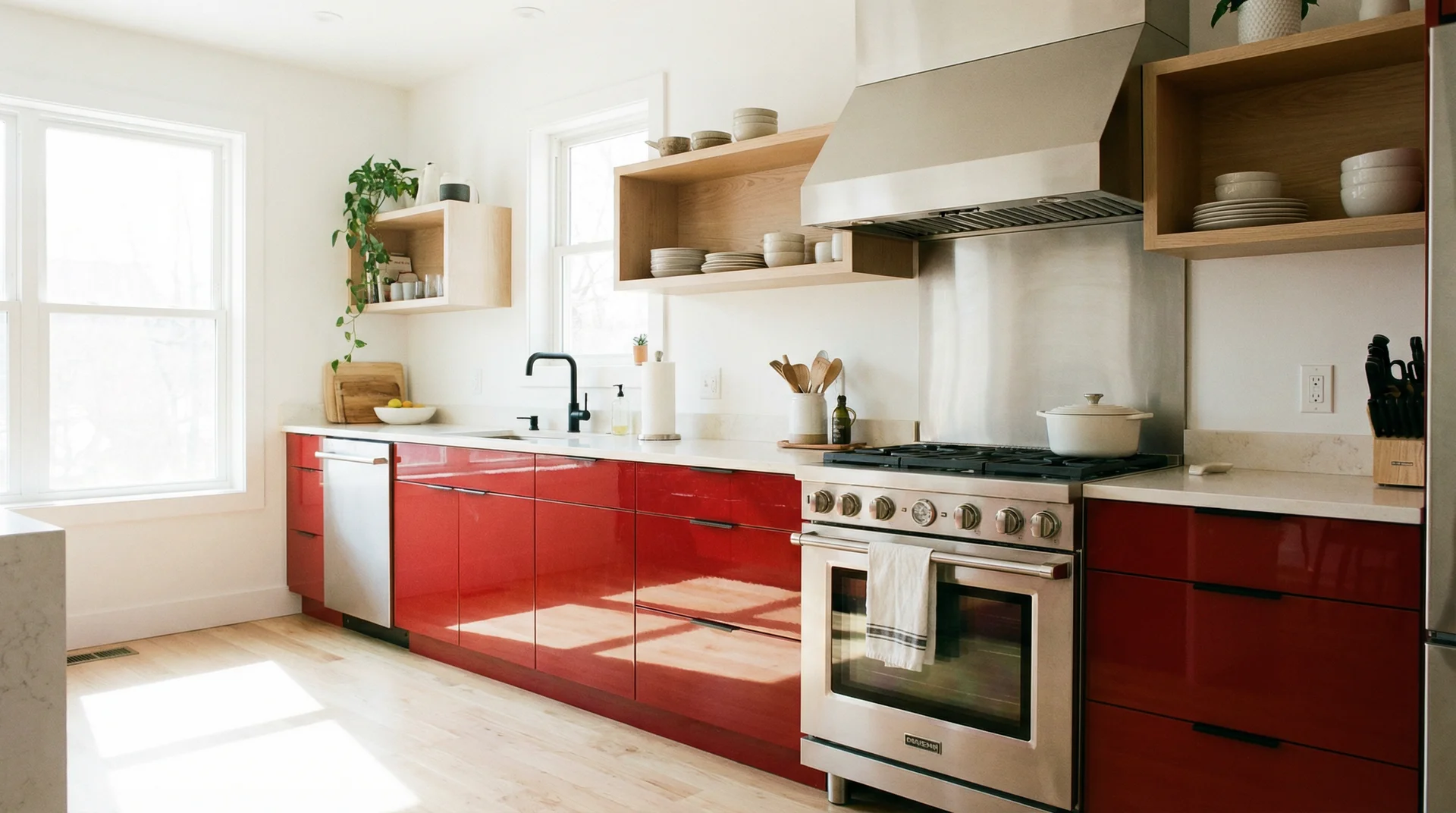Bright cherry-red contemporary kitchen with handleless cabinets, white quartz countertops, and stainless steel appliances in natural light