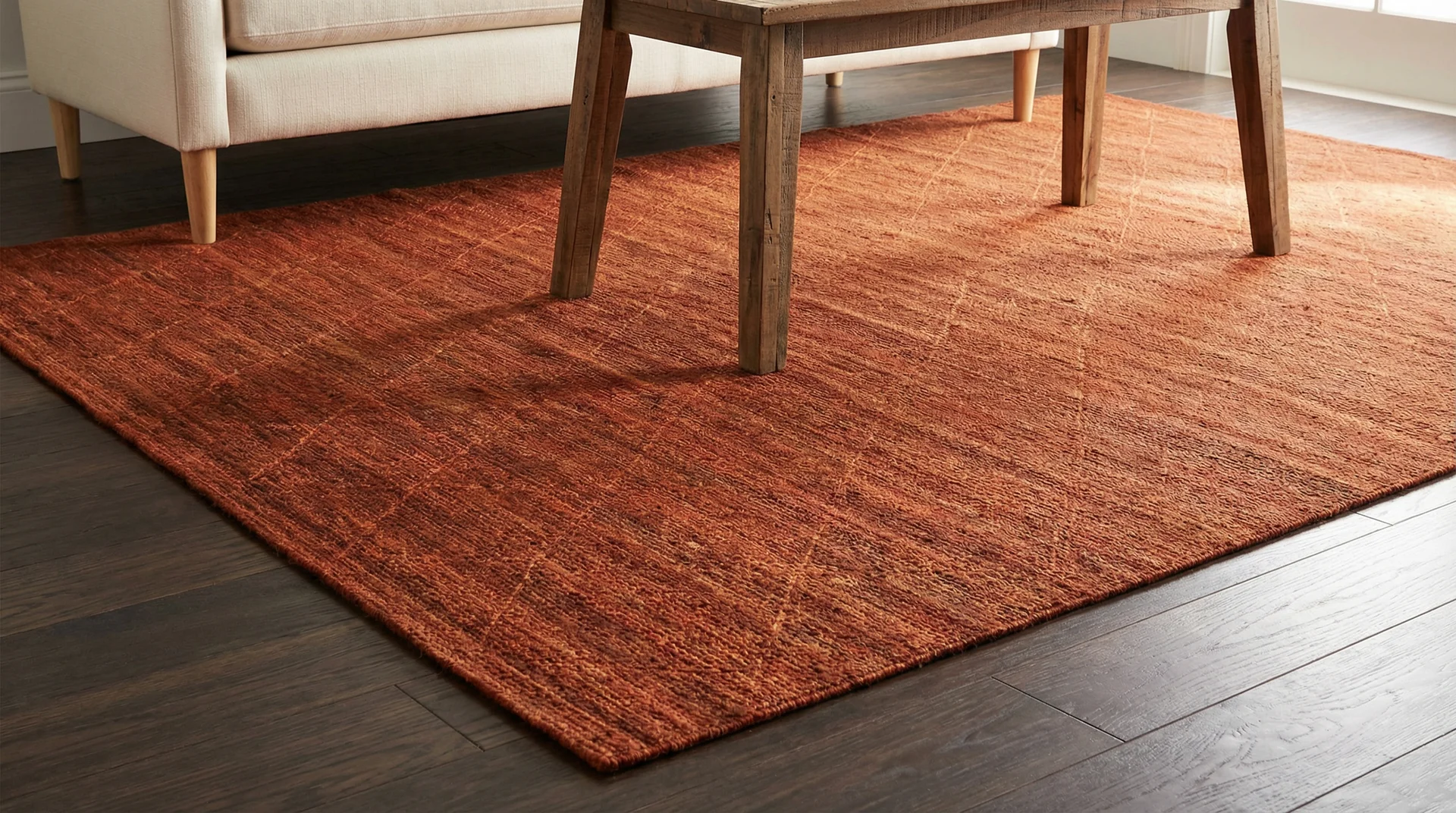 Burnt orange area rug with geometric pattern on dark espresso hardwood floors with cream sofa and walnut coffee table legs visible