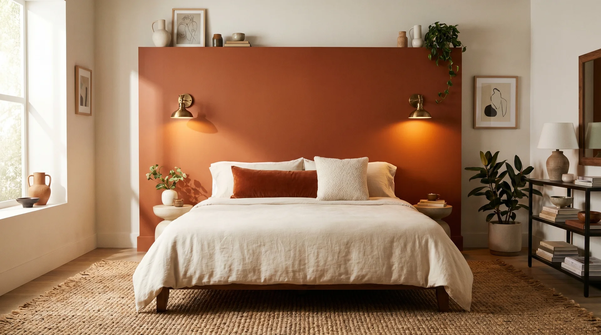 Burnt orange bedroom with cream linen bedding, brass sconces, and jute rug on a matte headboard wall