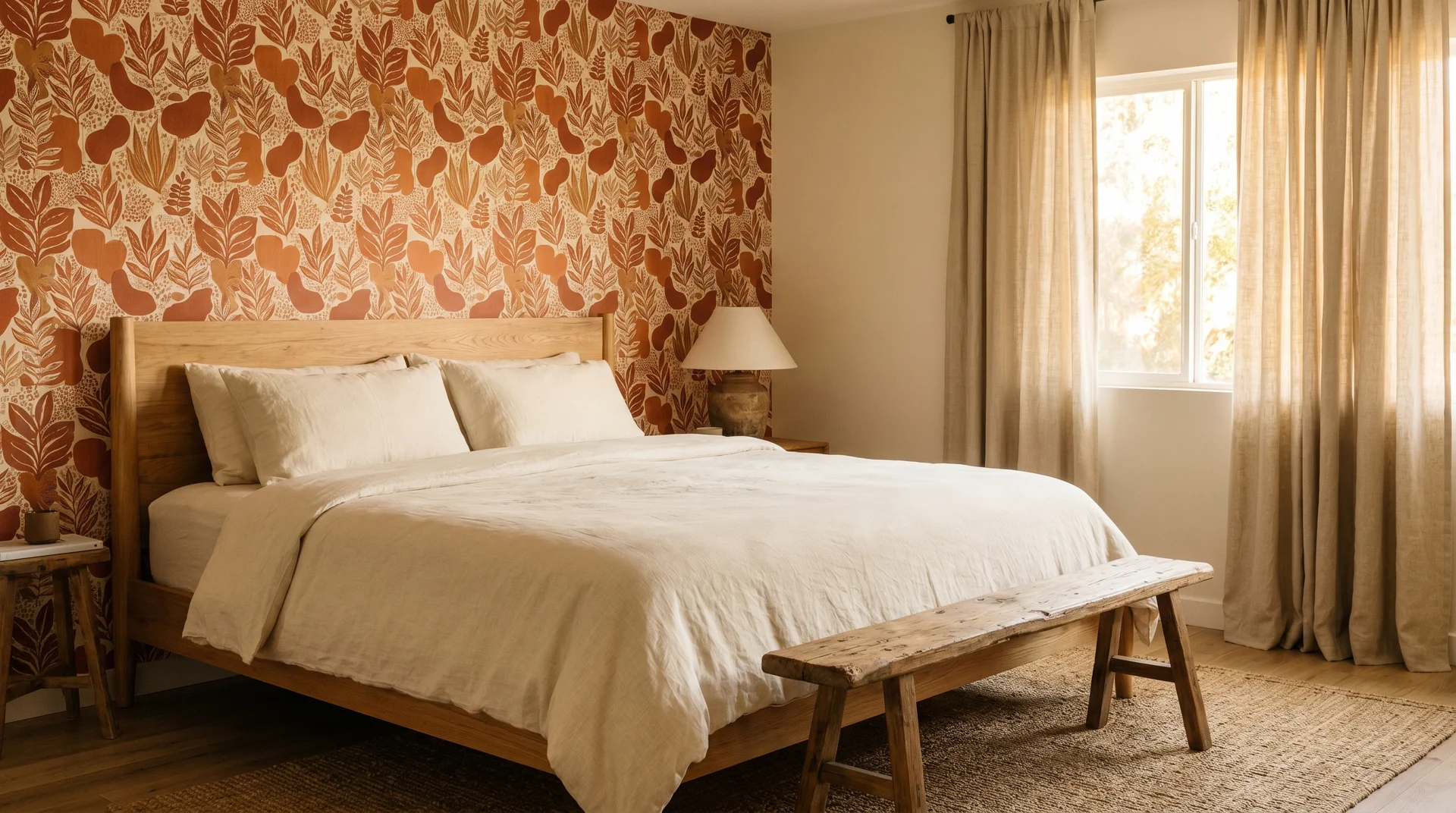 Burnt orange botanical wallpaper headboard wall with cream linen bedding and oat curtains in a bedroom
