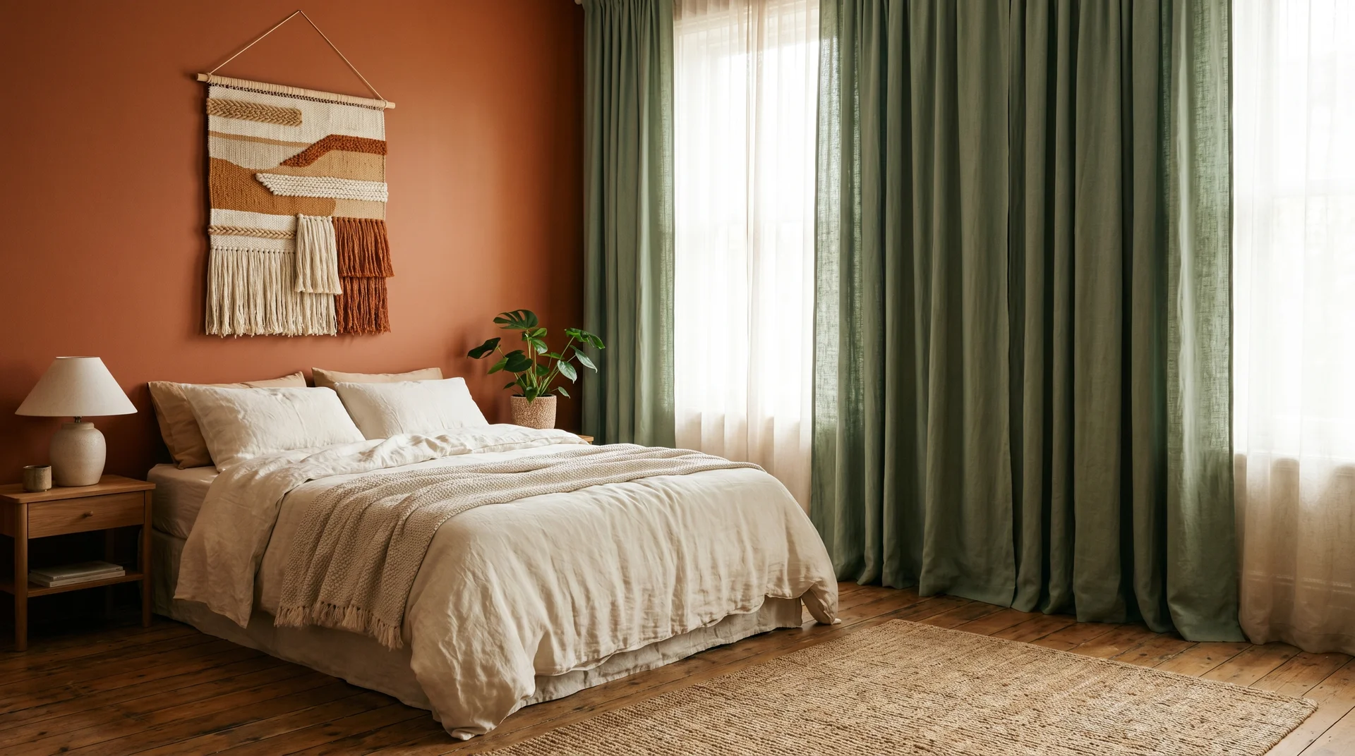 Burnt orange headboard wall with sage green linen curtains, cream bedding, and a woven wall hanging above 