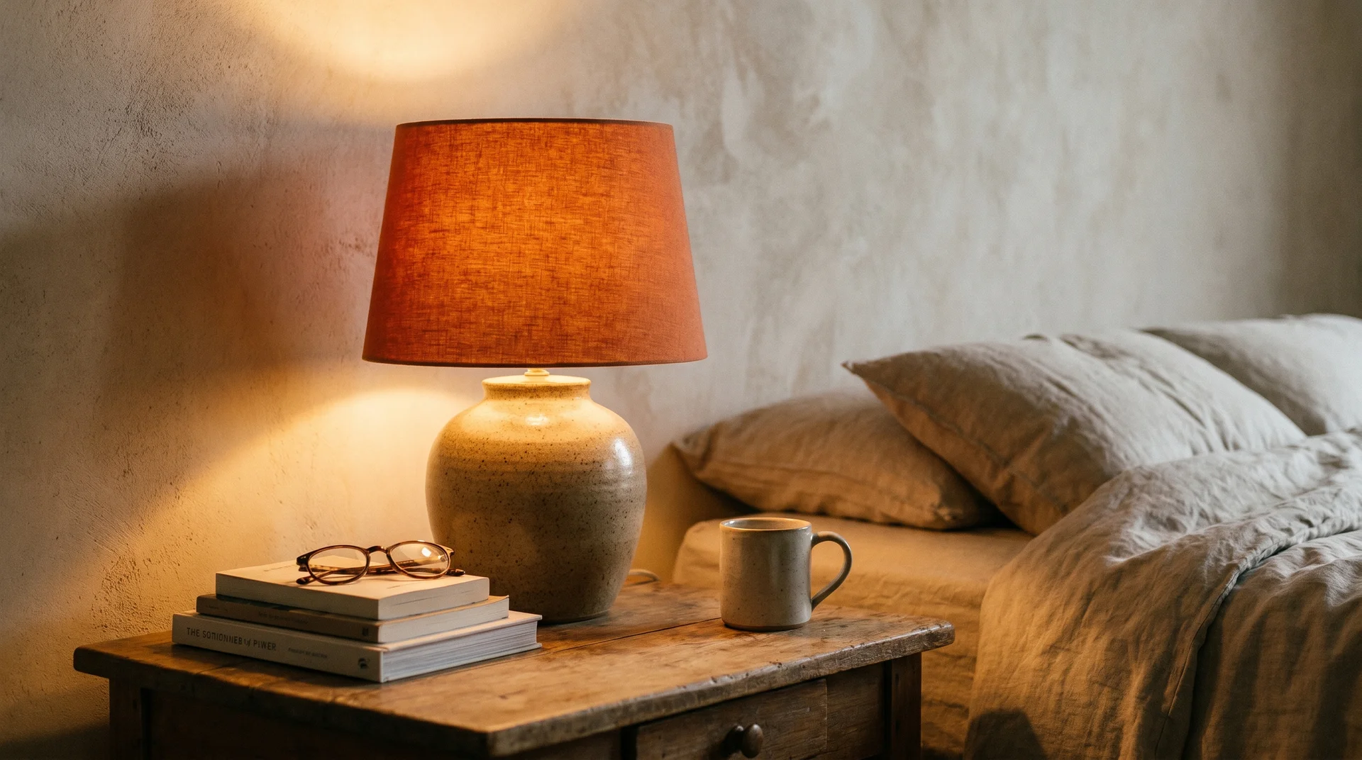 Burnt orange lamp shade on a bedside table casting warm amber light as a low-commitment bedroom colour test