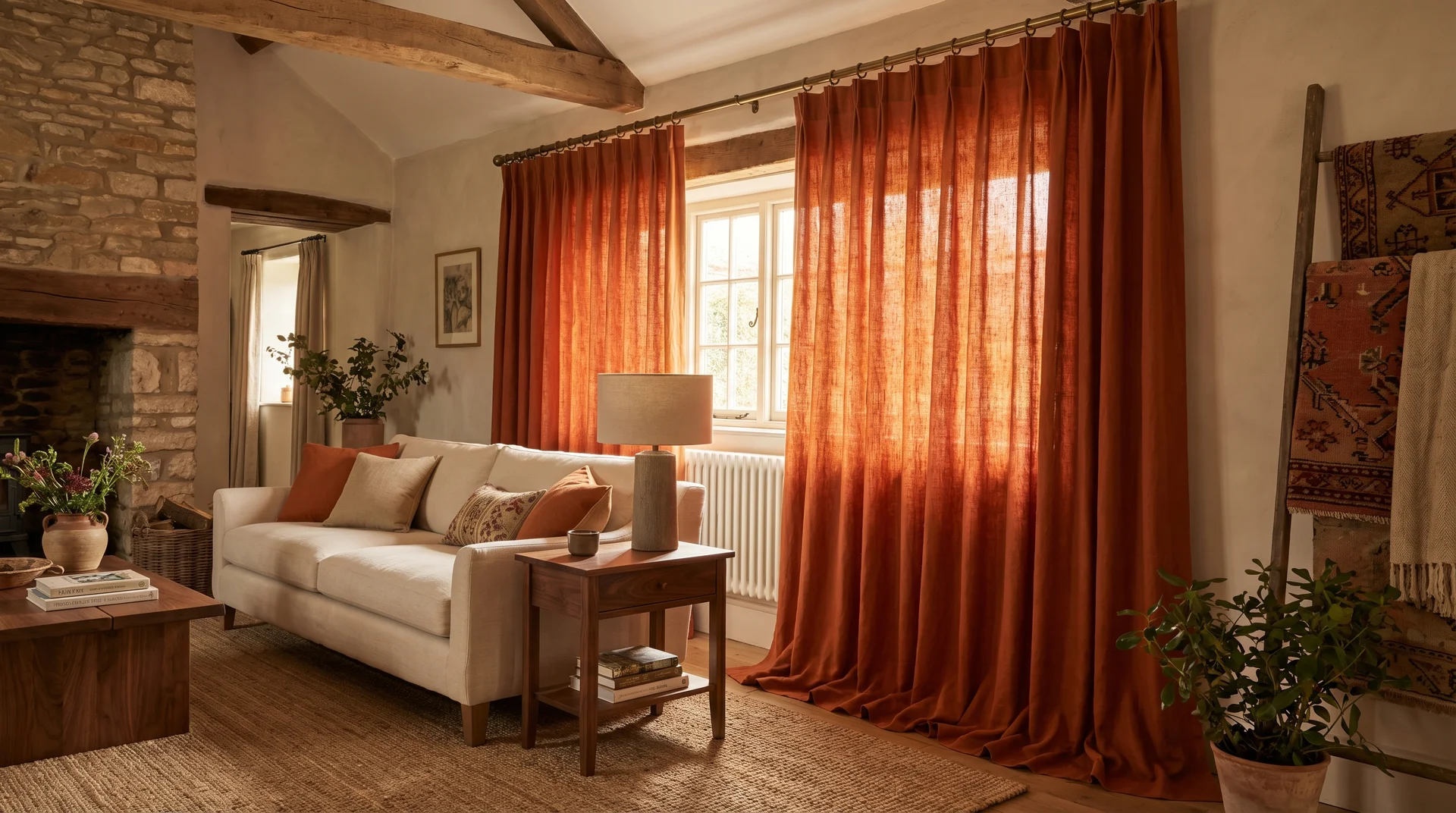 Burnt orange linen curtains hung high and wide in a rustic living room with cream sofa and warm afternoon sunlight