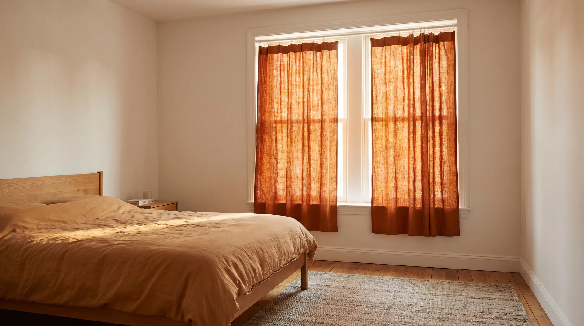 Burnt orange linen curtains on a tension rod in a rental bedroom filtering warm light into a neutral room