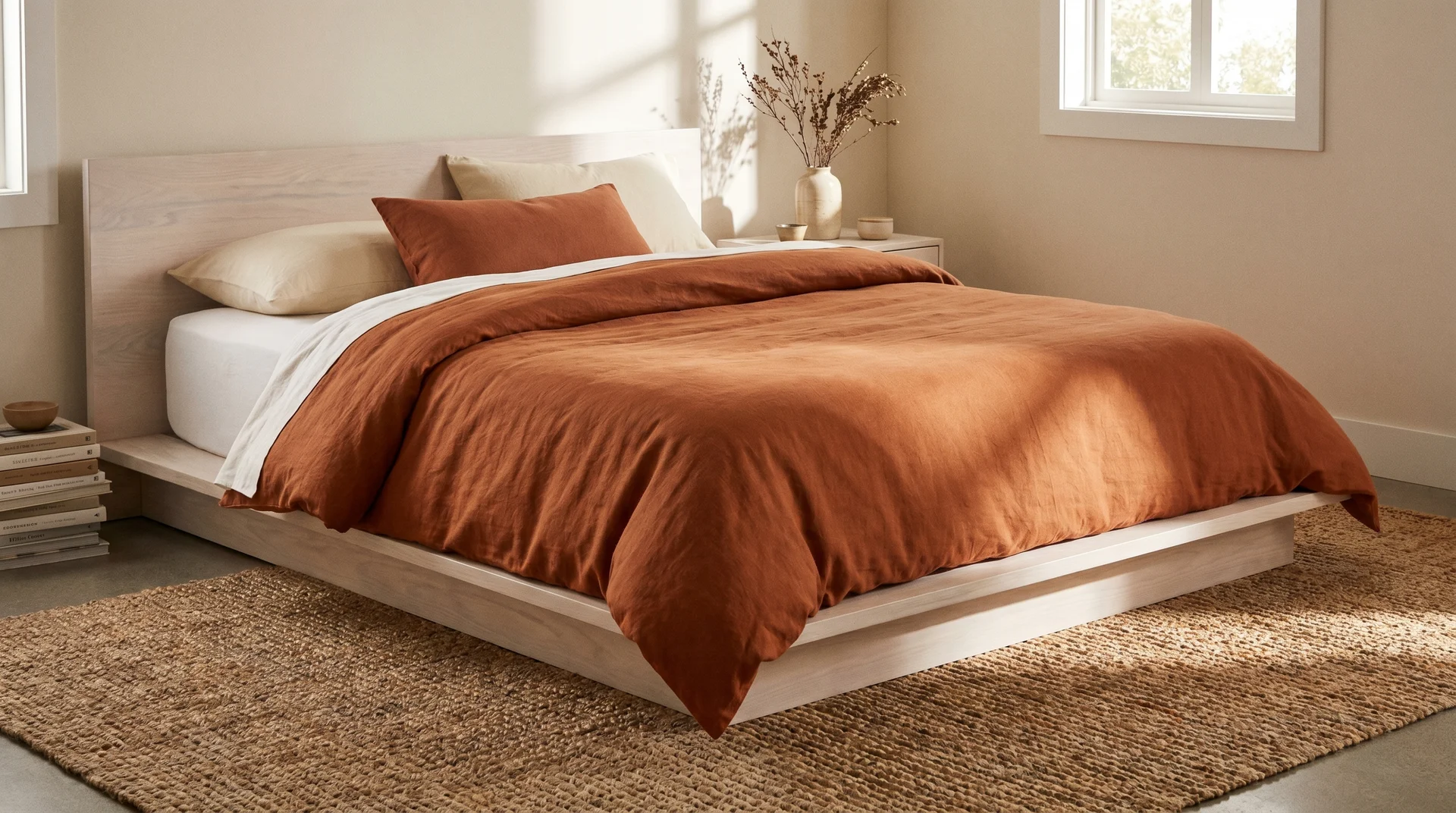 Burnt orange linen duvet on a low bleached wood platform bed with a jute rug and terracotta cushion 