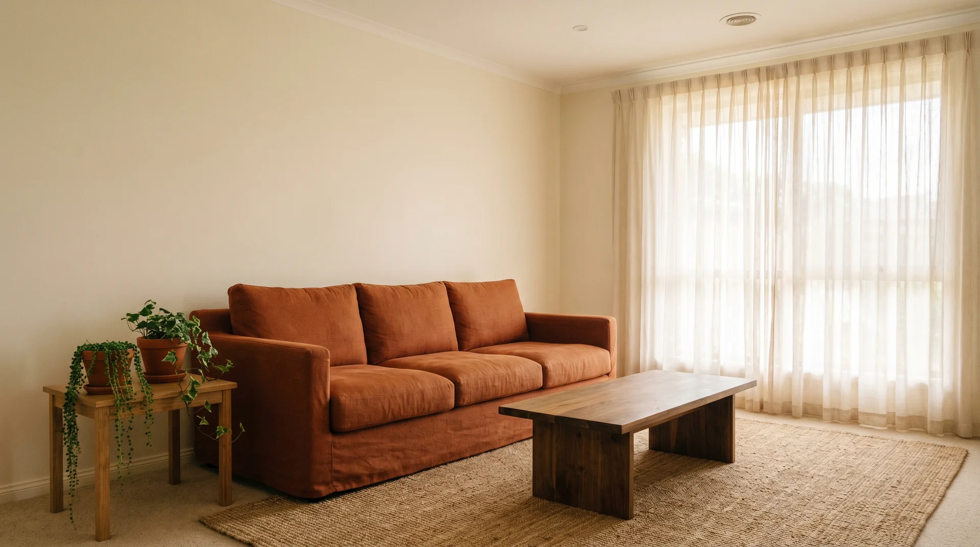 Burnt orange linen sofa against warm cream walls with jute rug and reclaimed walnut coffee table in a rustic living room