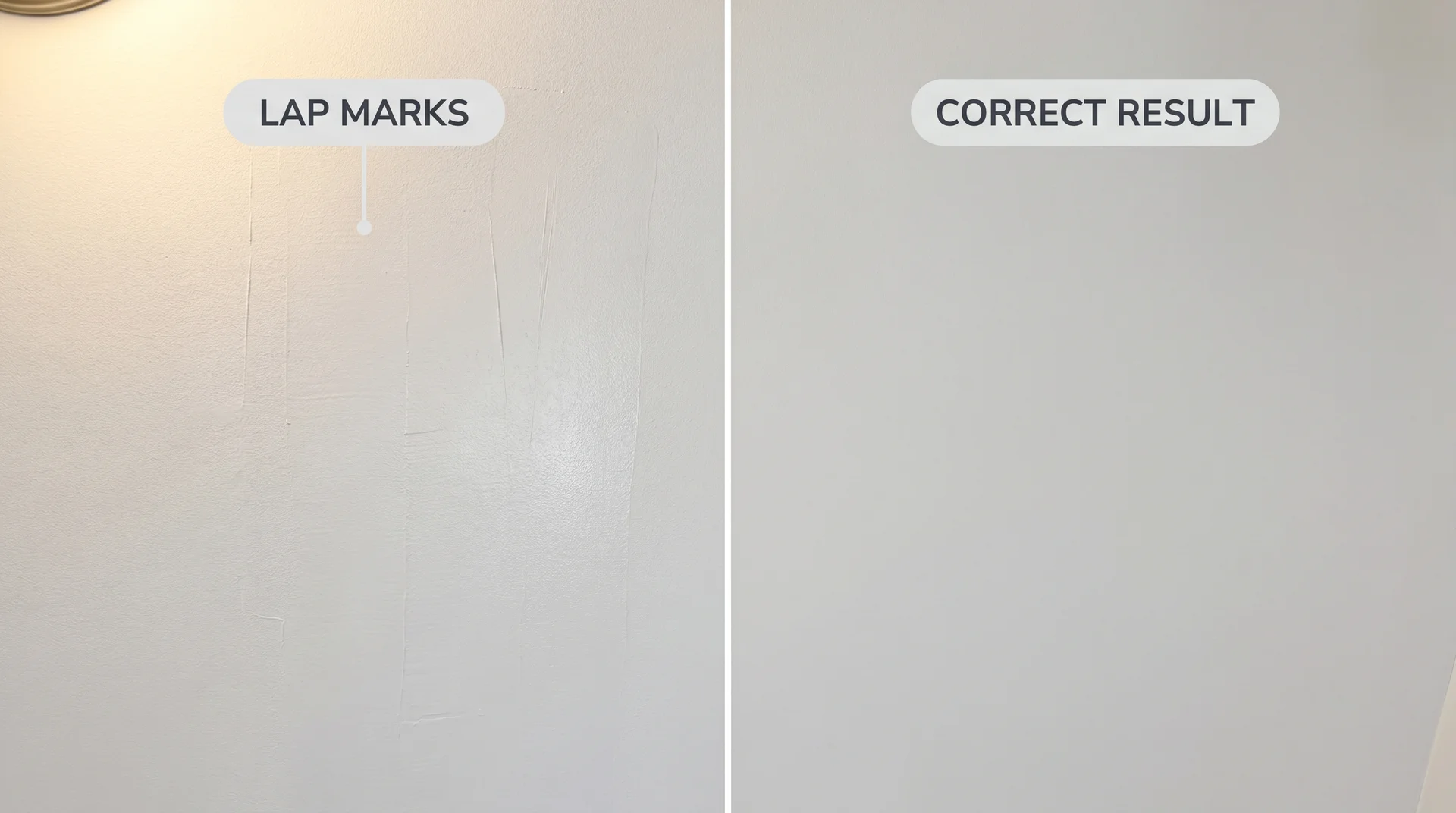 Ceiling comparison showing lap marks and uneven sheen on the left versus a smooth, even flat white finish on the right